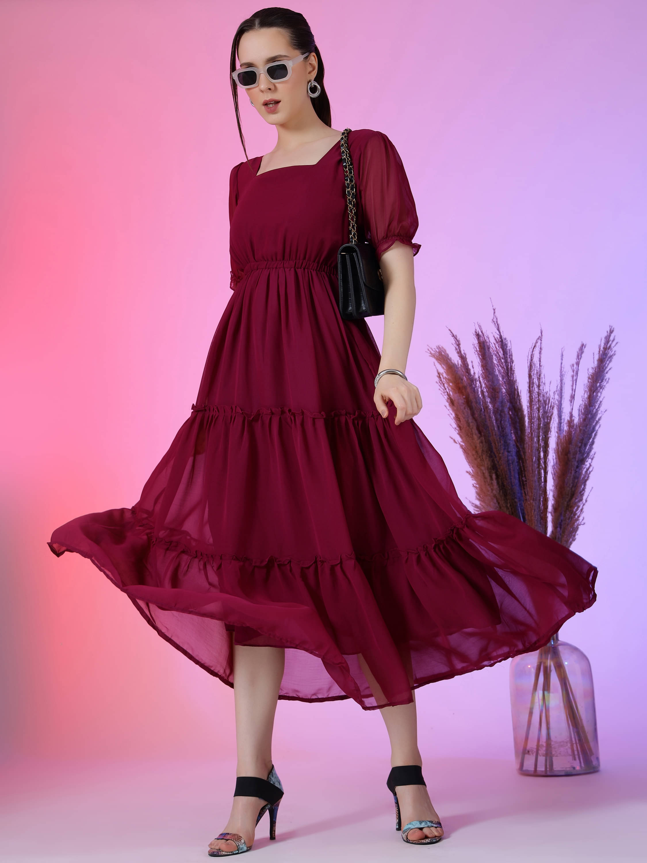    			Krunal Raiyani Women Georgette Solid Fit & Flare Dress ( Wine )