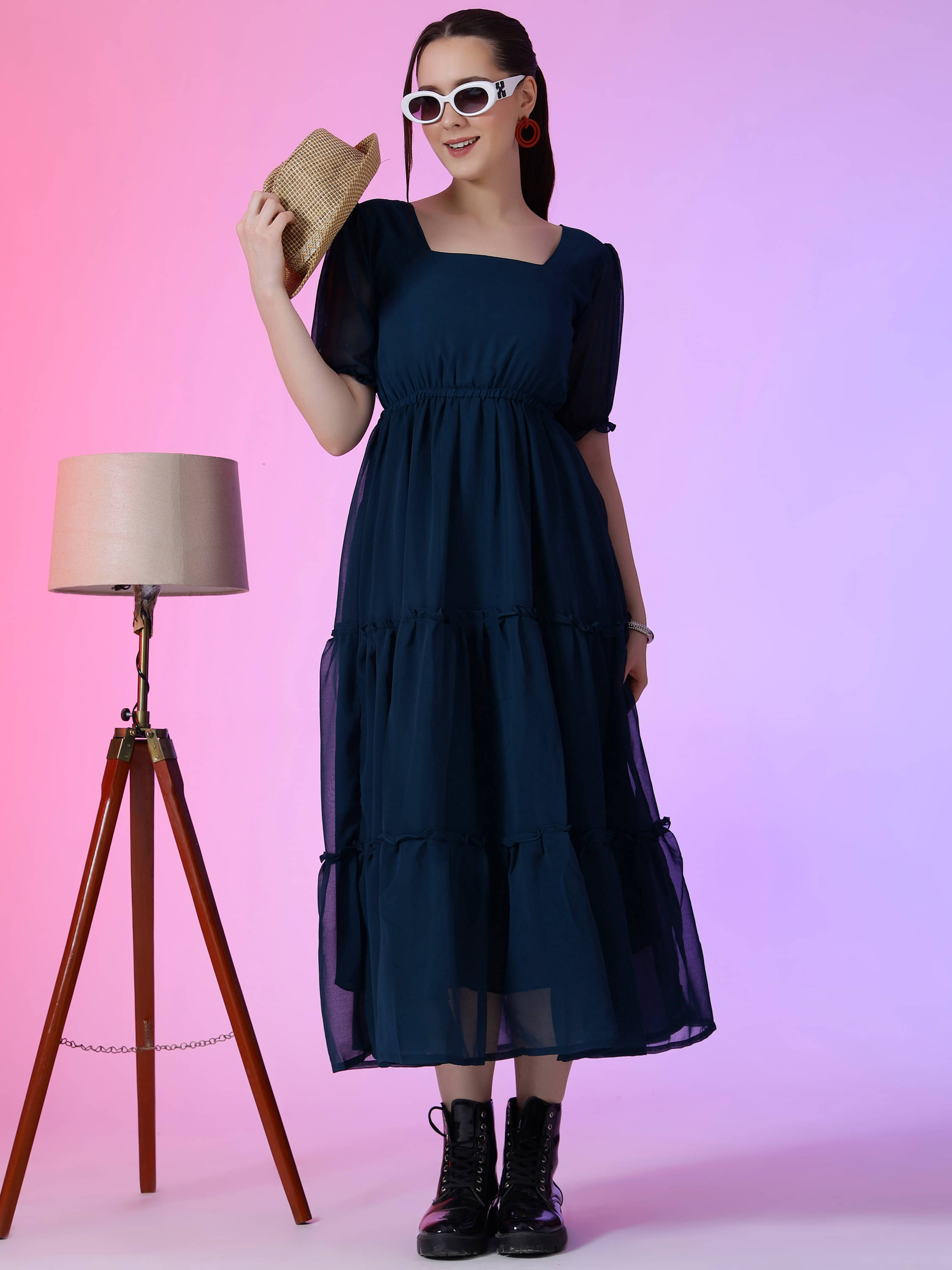     			Krunal Raiyani Women Georgette Solid Fit & Flare Dress ( Blue )