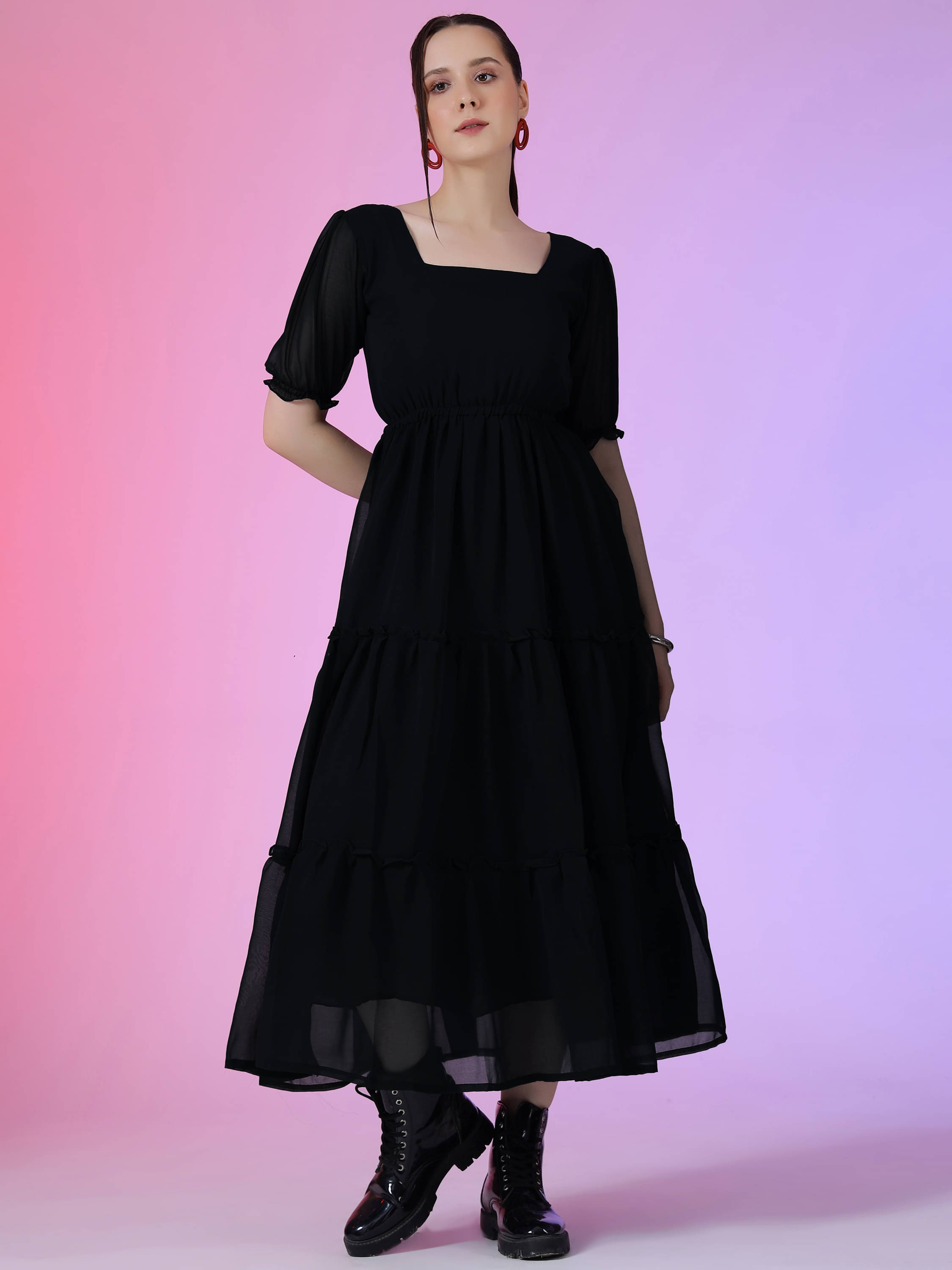     			Krunal Raiyani Women Georgette Solid Fit & Flare Dress ( Black )