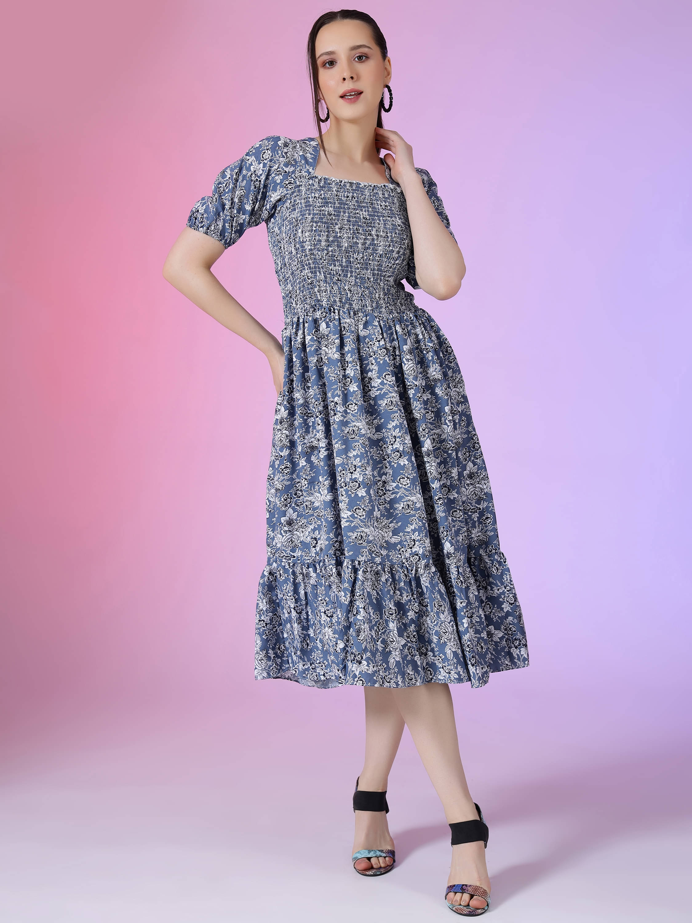 Krunal Raiyani Women Polyester Printed Fit & Flare Dress ( Blue ) Krunal Raiyani Women Polyester Printed Fit & Flare Dress ( Blue )