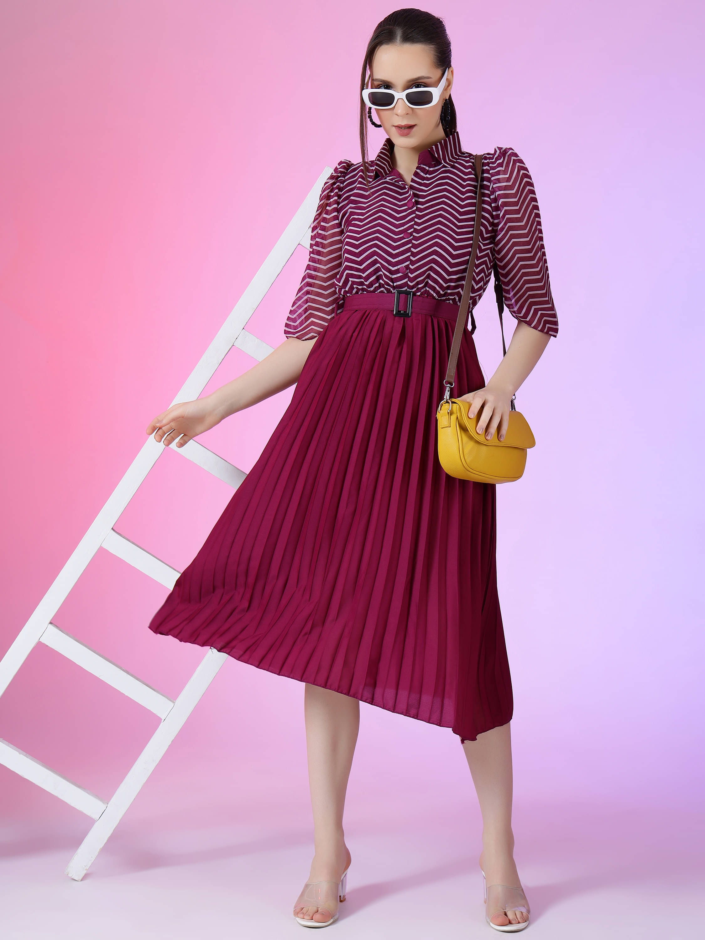 Krunal Raiyani Polyester Printed Midi Women's Fit & Flare Dress - Wine ( Pack of 1 ) Krunal Raiyani Polyester Printed Midi Women's Fit & Flare Dress - Wine ( Pack of 1 )