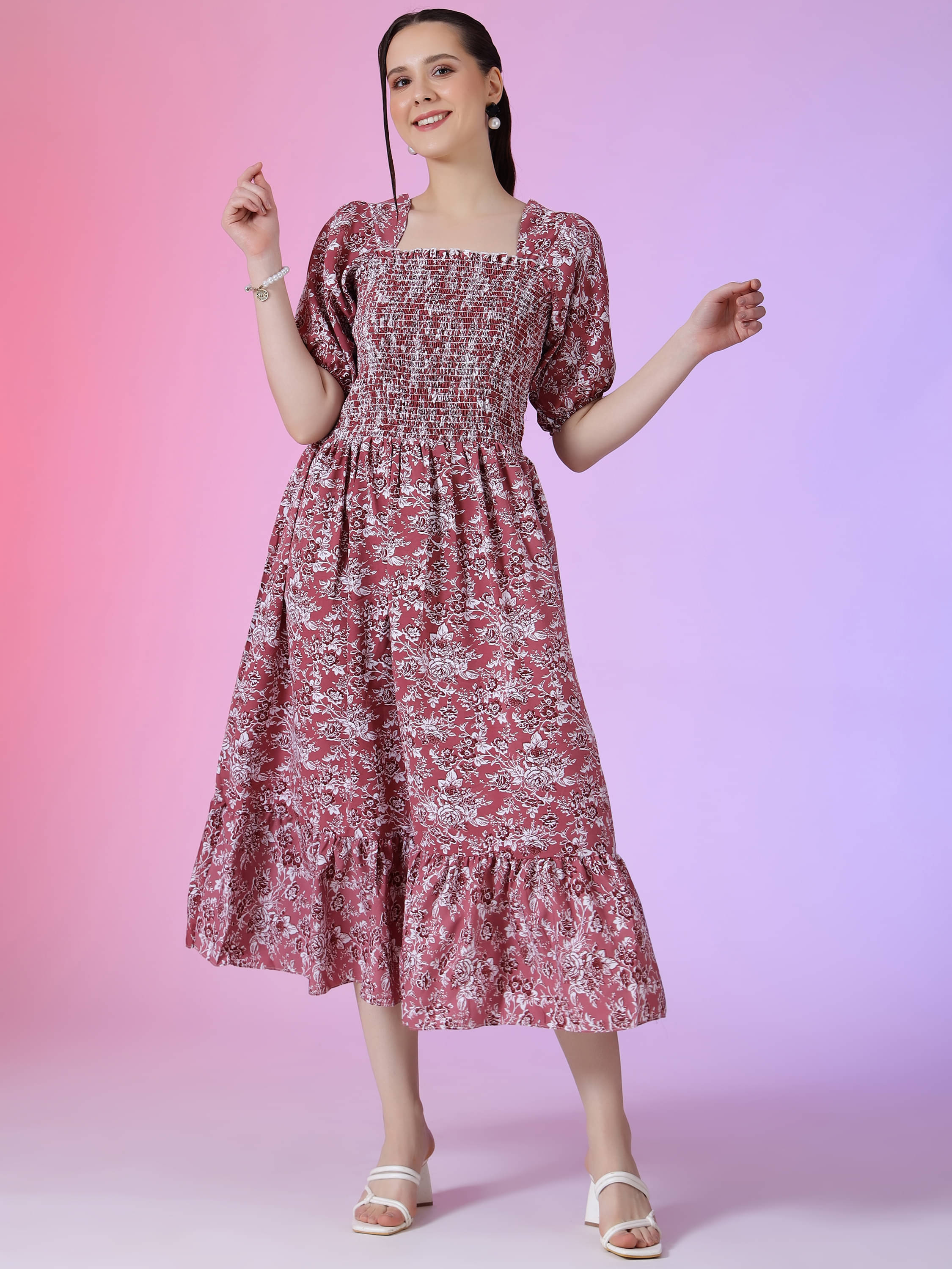     			Krunal Raiyani Women Polyester Printed Fit & Flare Dress ( Pink )
