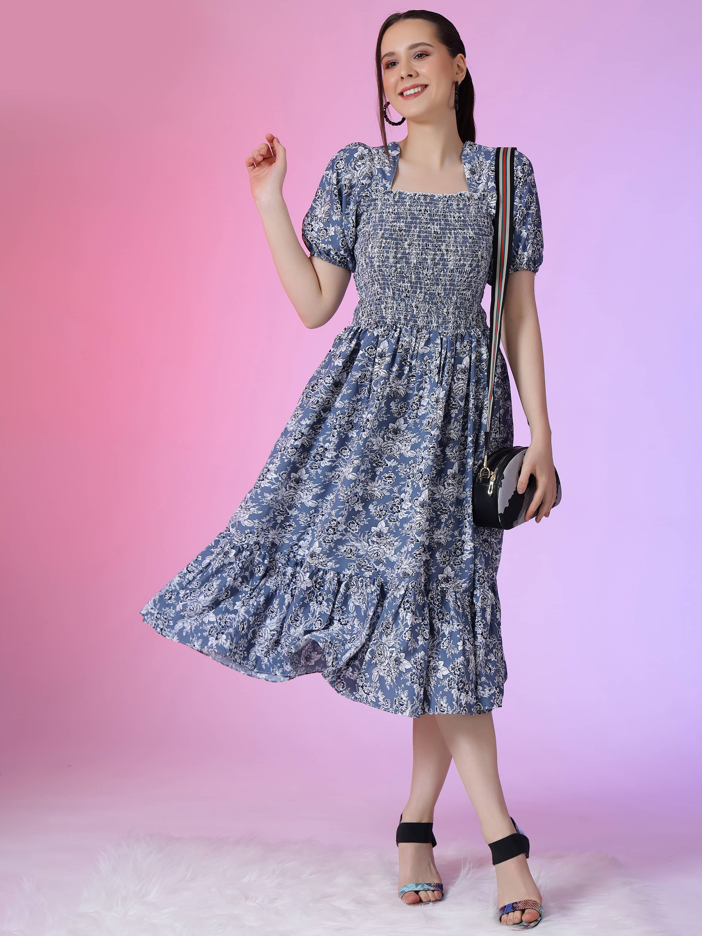 Krunal Raiyani Women Polyester Printed Fit & Flare Dress ( Blue ) Krunal Raiyani Women Polyester Printed Fit & Flare Dress ( Blue )