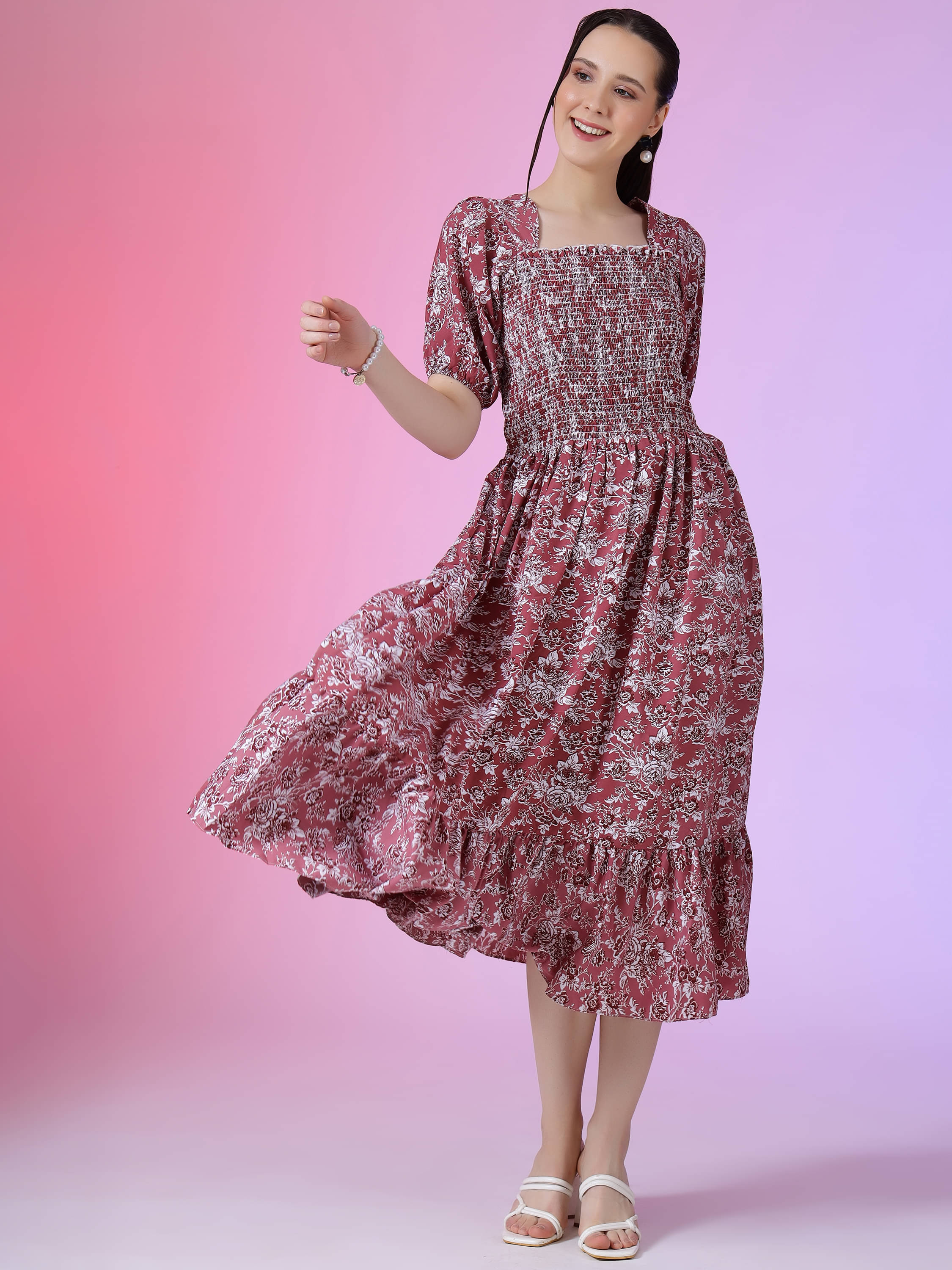 Krunal Raiyani Women Polyester Printed Fit & Flare Dress ( Pink ) Krunal Raiyani Women Polyester Printed Fit & Flare Dress ( Pink )