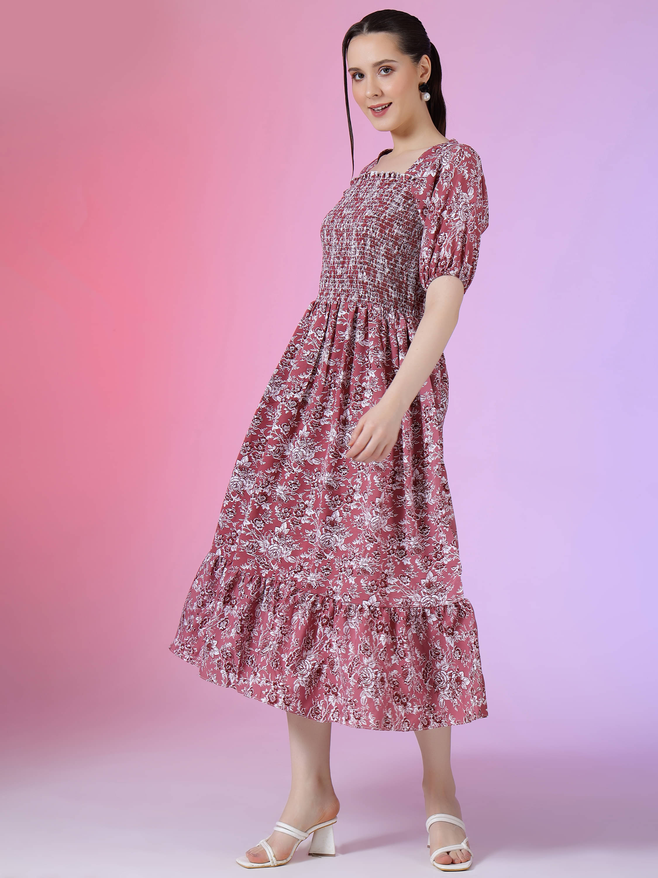 Krunal Raiyani Women Polyester Printed Fit & Flare Dress ( Pink ) Krunal Raiyani Women Polyester Printed Fit & Flare Dress ( Pink )