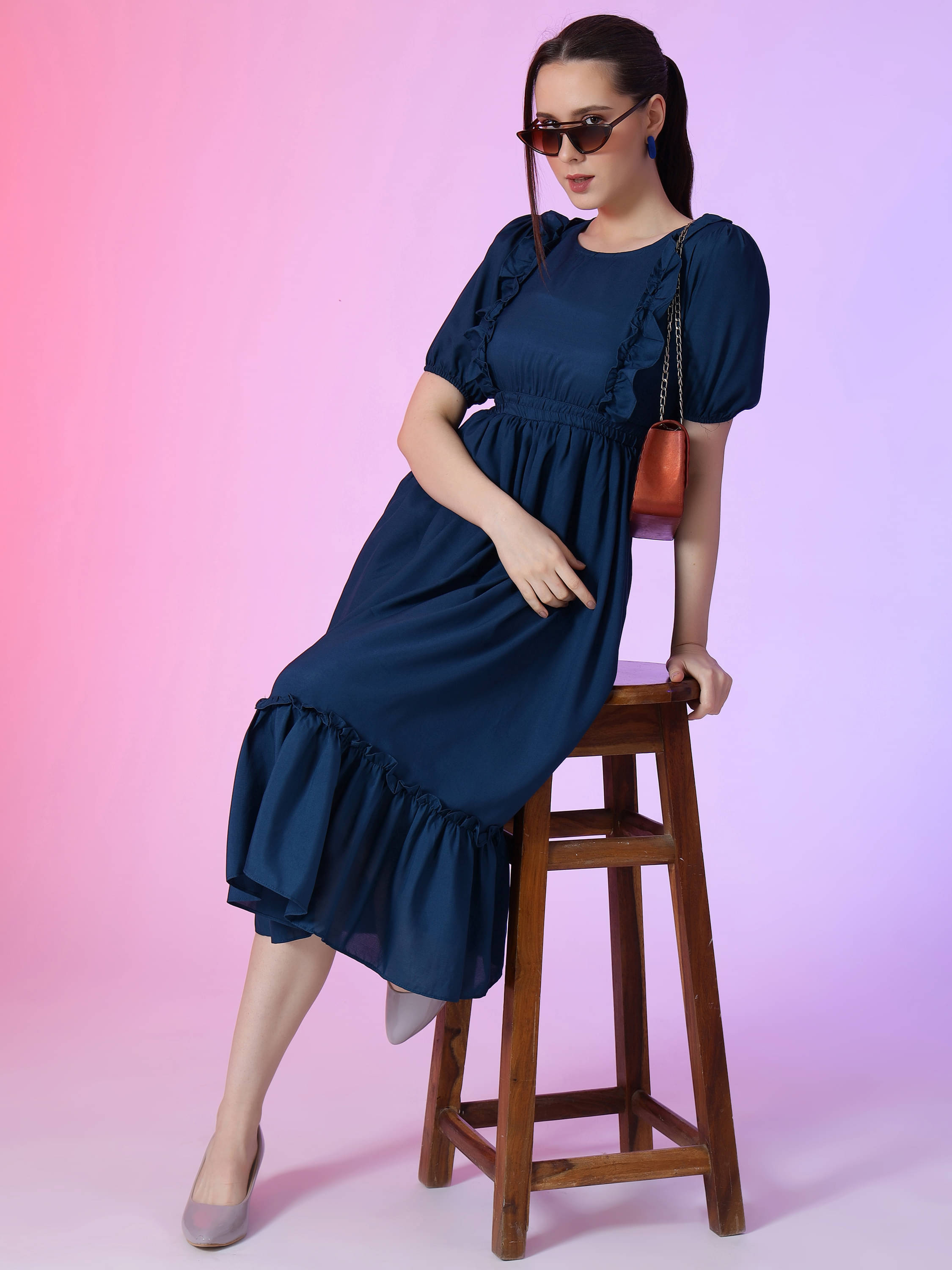 Krunal Raiyani Women Polyester Solid Fit & Flare Dress ( Blue ) Krunal Raiyani Women Polyester Solid Fit & Flare Dress ( Blue )
