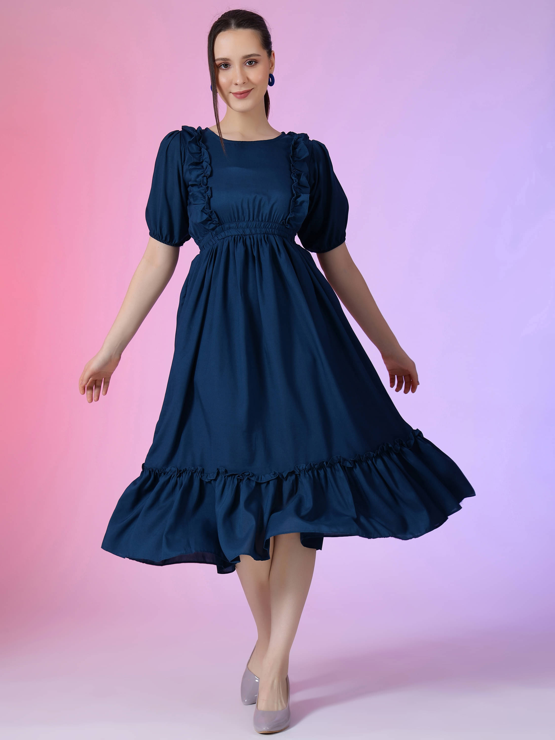Krunal Raiyani Women Polyester Solid Fit & Flare Dress ( Blue ) Krunal Raiyani Women Polyester Solid Fit & Flare Dress ( Blue )