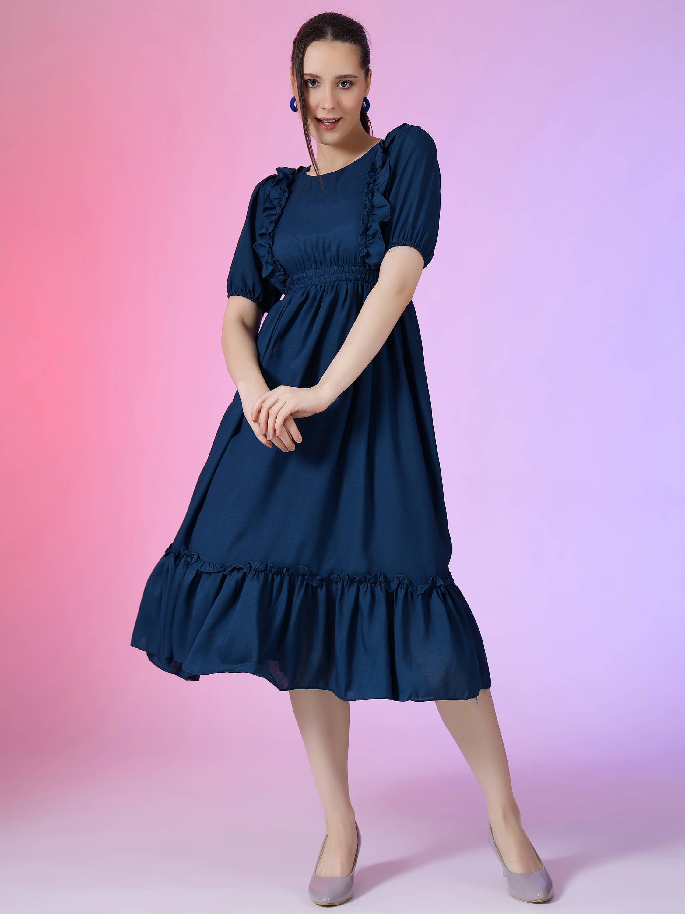     			Krunal Raiyani Women Polyester Solid Fit & Flare Dress ( Blue )