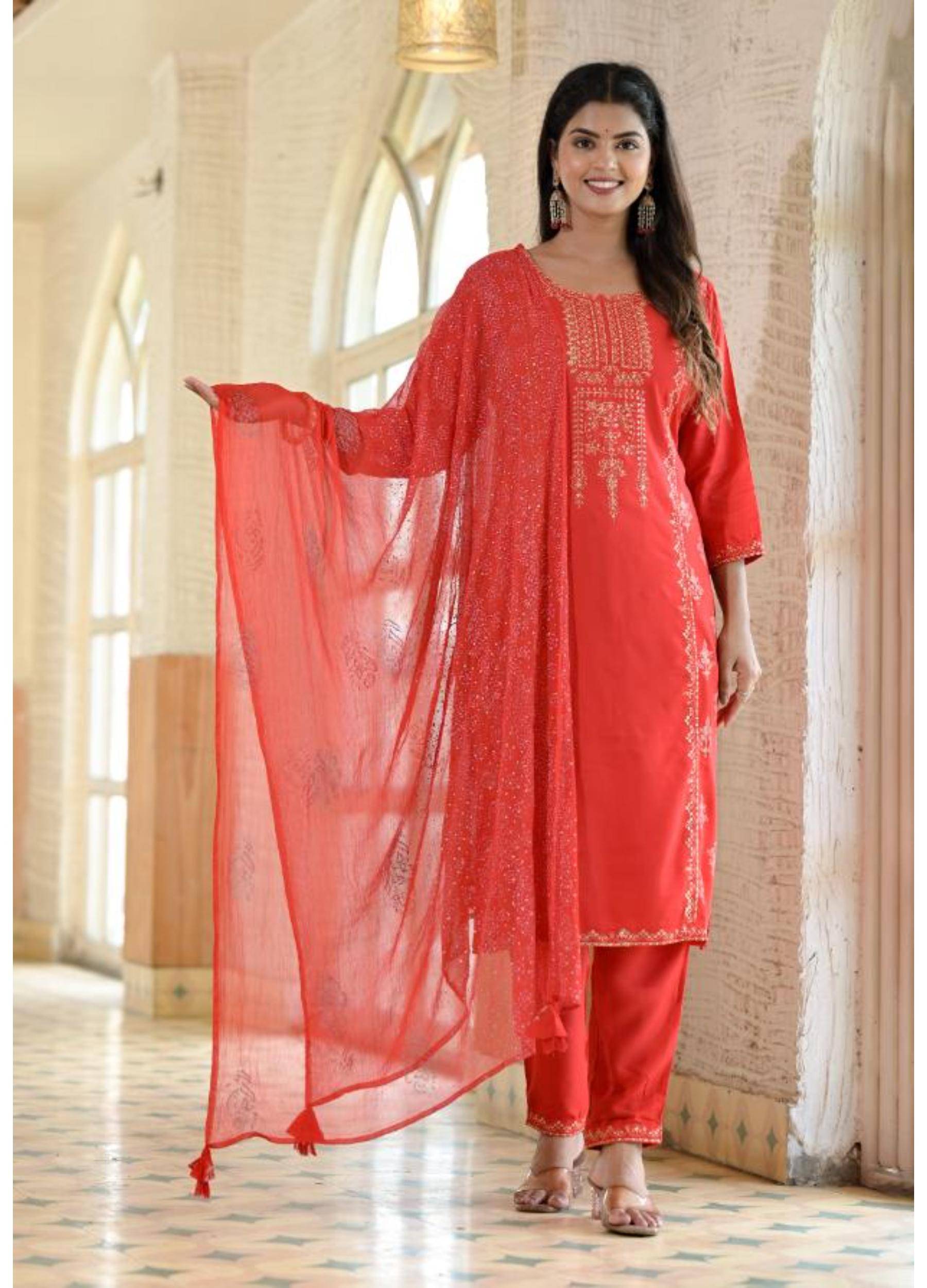 Label Flavia Women Cotton Blend Embroidered Straight Kurti With Pants ( Red ) Label Flavia Women Cotton Blend Embroidered Straight Kurti With Pants ( Red )