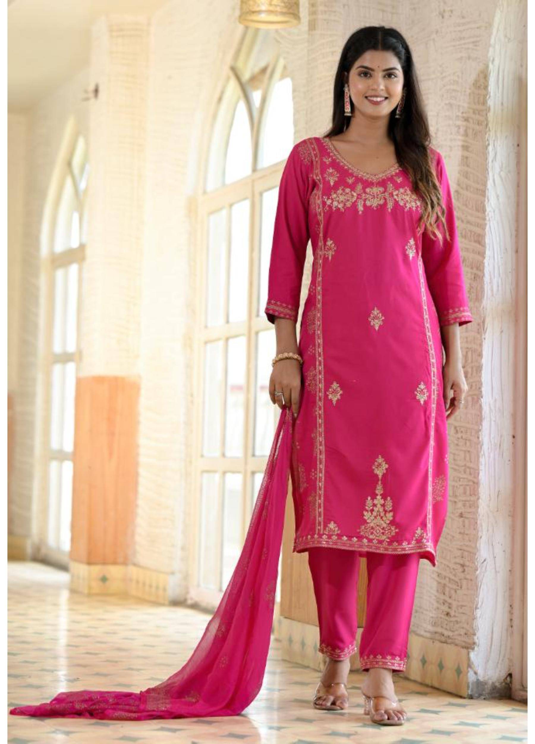 Label Flavia Women Cotton Blend Embroidered Straight Kurti With Pants ( Pink ) Label Flavia Women Cotton Blend Embroidered Straight Kurti With Pants ( Pink )