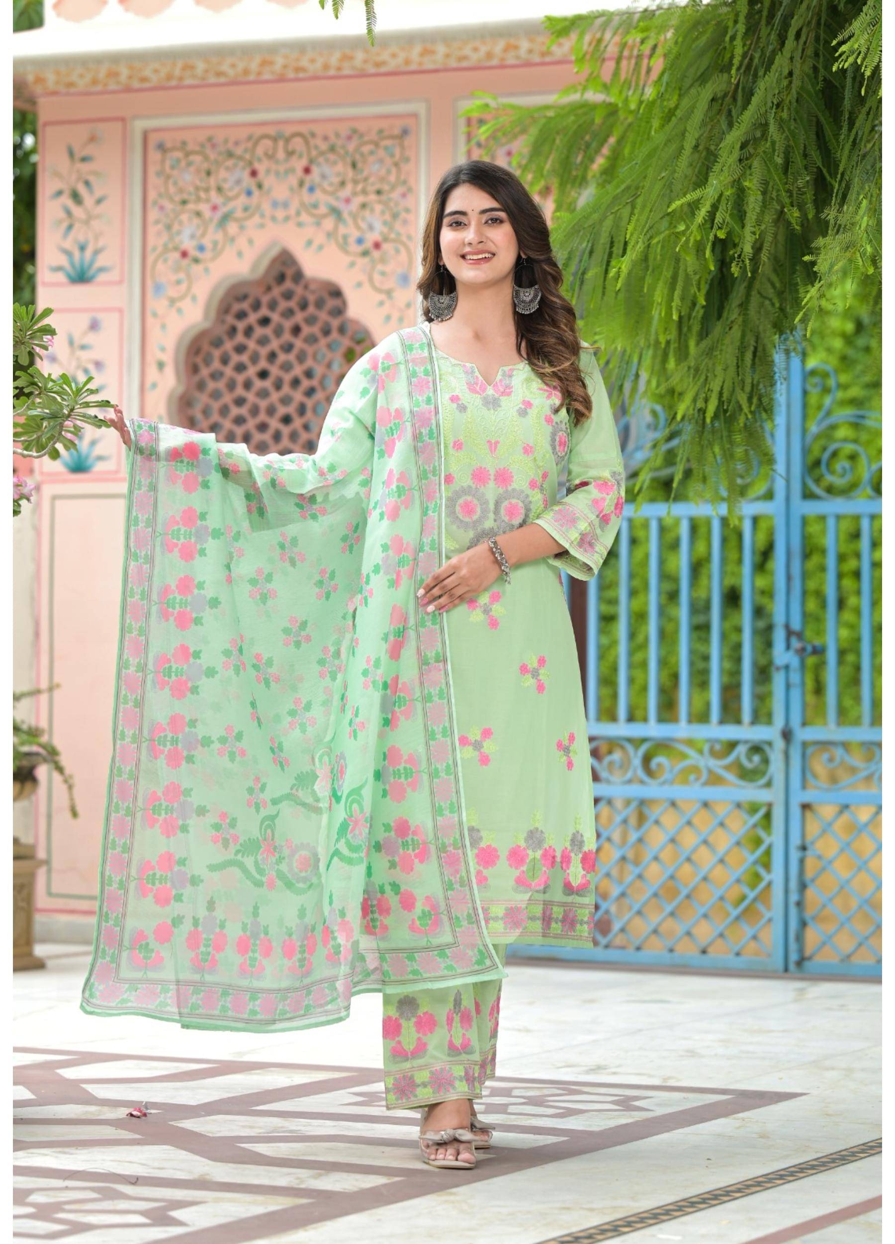     			Label Flavia Women Cotton Blend Embroidered Straight Kurti With Pants ( Green )
