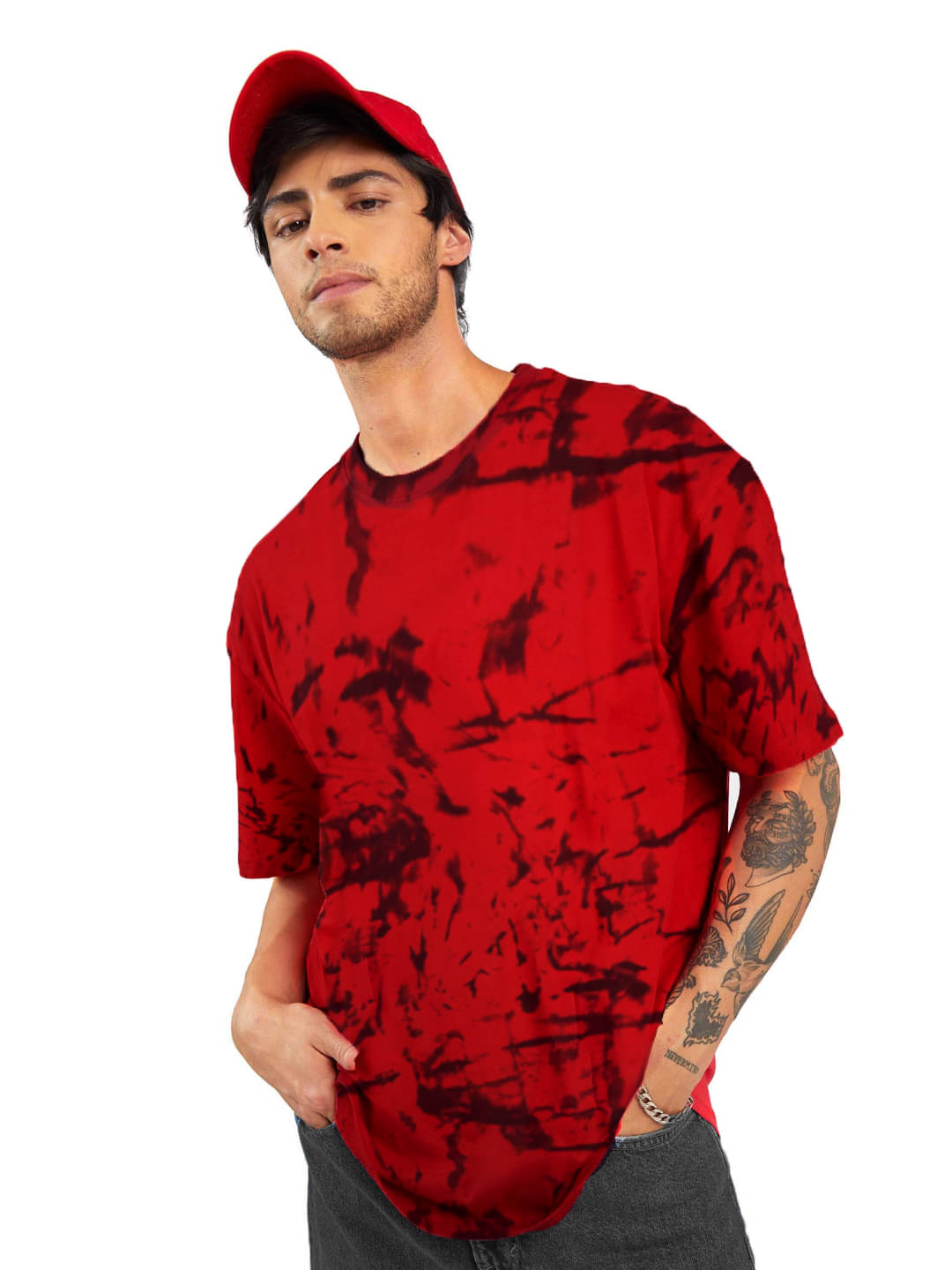 Leotude Men Cotton Blend Oversized Fit Dyed T-Shirt ( Red )     			Leotude Men Cotton Blend Oversized Fit Dyed T-Shirt ( Red )