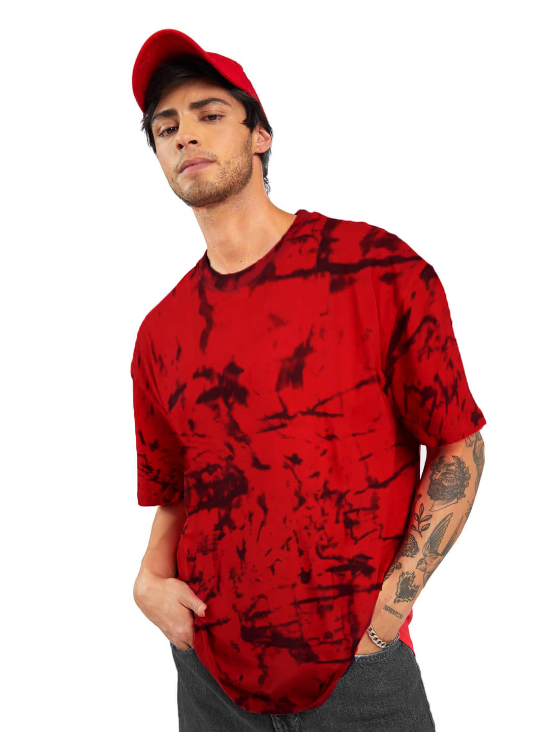 Leotude Men Cotton Blend Oversized Fit Dyed T-Shirt ( Red )