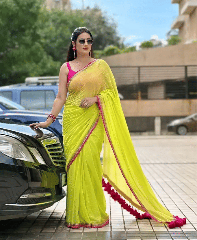 BLEESBURY Georgette Solid Saree With Unstitched Blouse Piece ( Lime Green ) - Sarees | Buy online on ZillyBuy