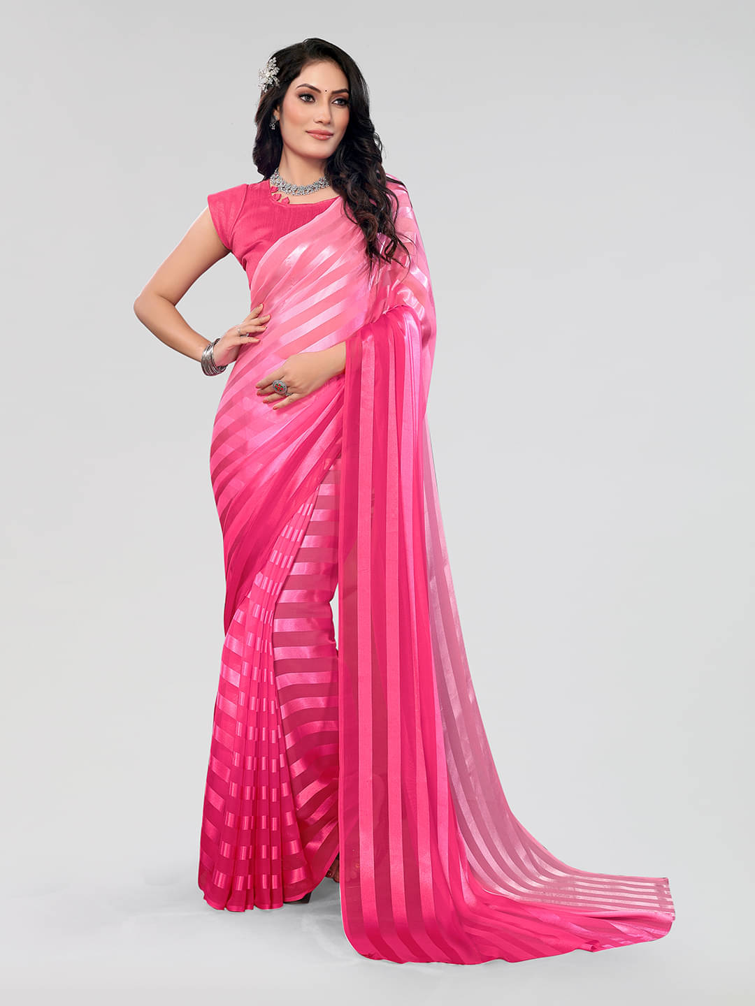 ANAND SAREES Satin Striped Saree With Unstitched Blouse Piece ( Pink ) ANAND SAREES Satin Striped Saree With Unstitched Blouse Piece ( Pink )
