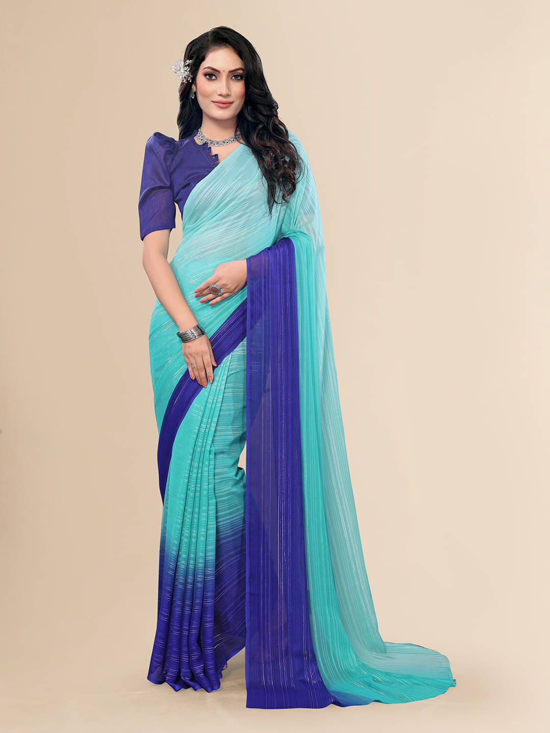 ANAND SAREES Satin Striped Saree With Unstitched Blouse Piece ( Blue ) ANAND SAREES Satin Striped Saree With Unstitched Blouse Piece ( Blue )