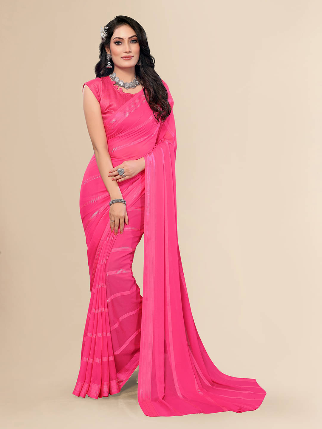     			ANAND SAREES Satin Striped Saree With Unstitched Blouse Piece ( Pink )