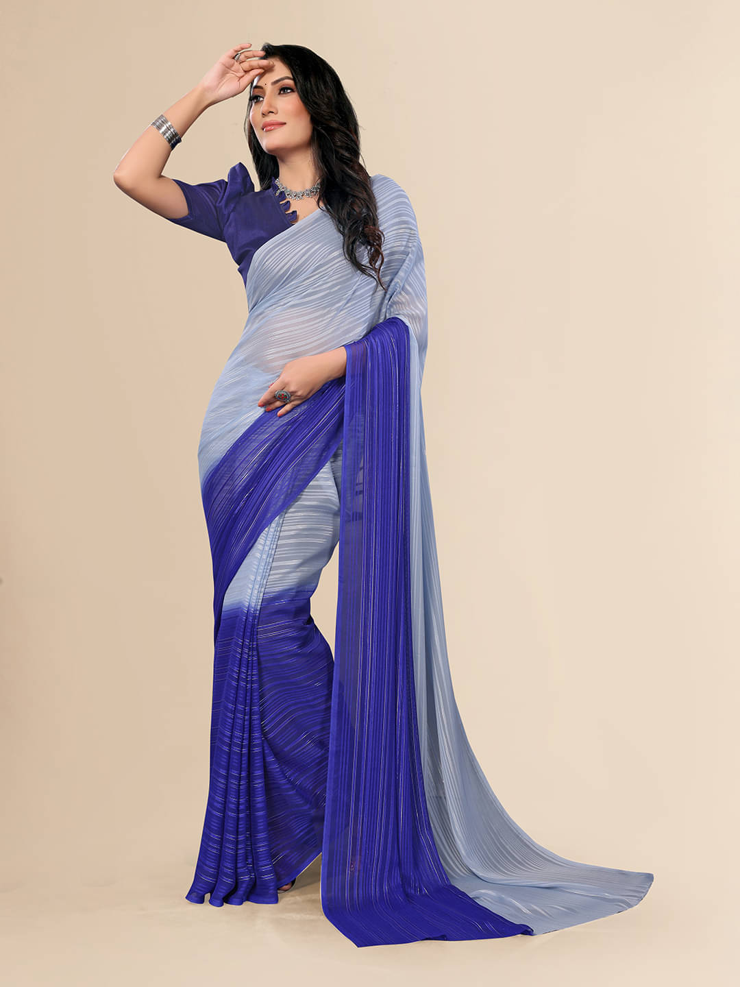     			ANAND SAREES Satin Striped Saree With Unstitched Blouse Piece ( Grey )