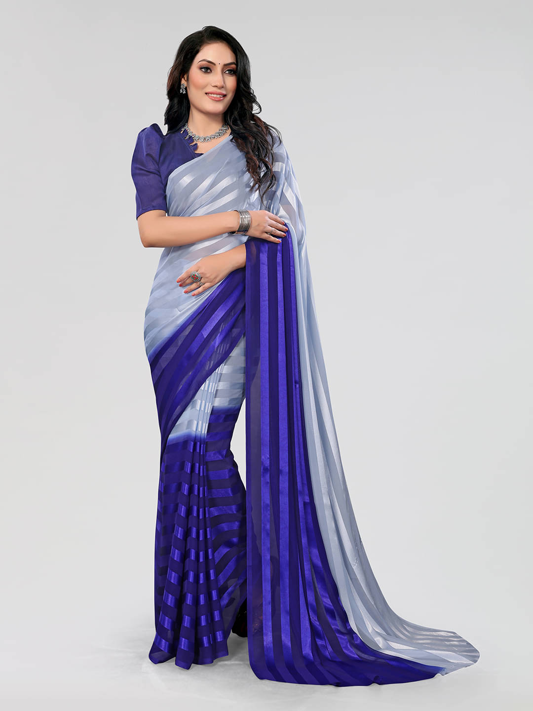     			ANAND SAREES Satin Striped Saree With Unstitched Blouse Piece ( Indigo )