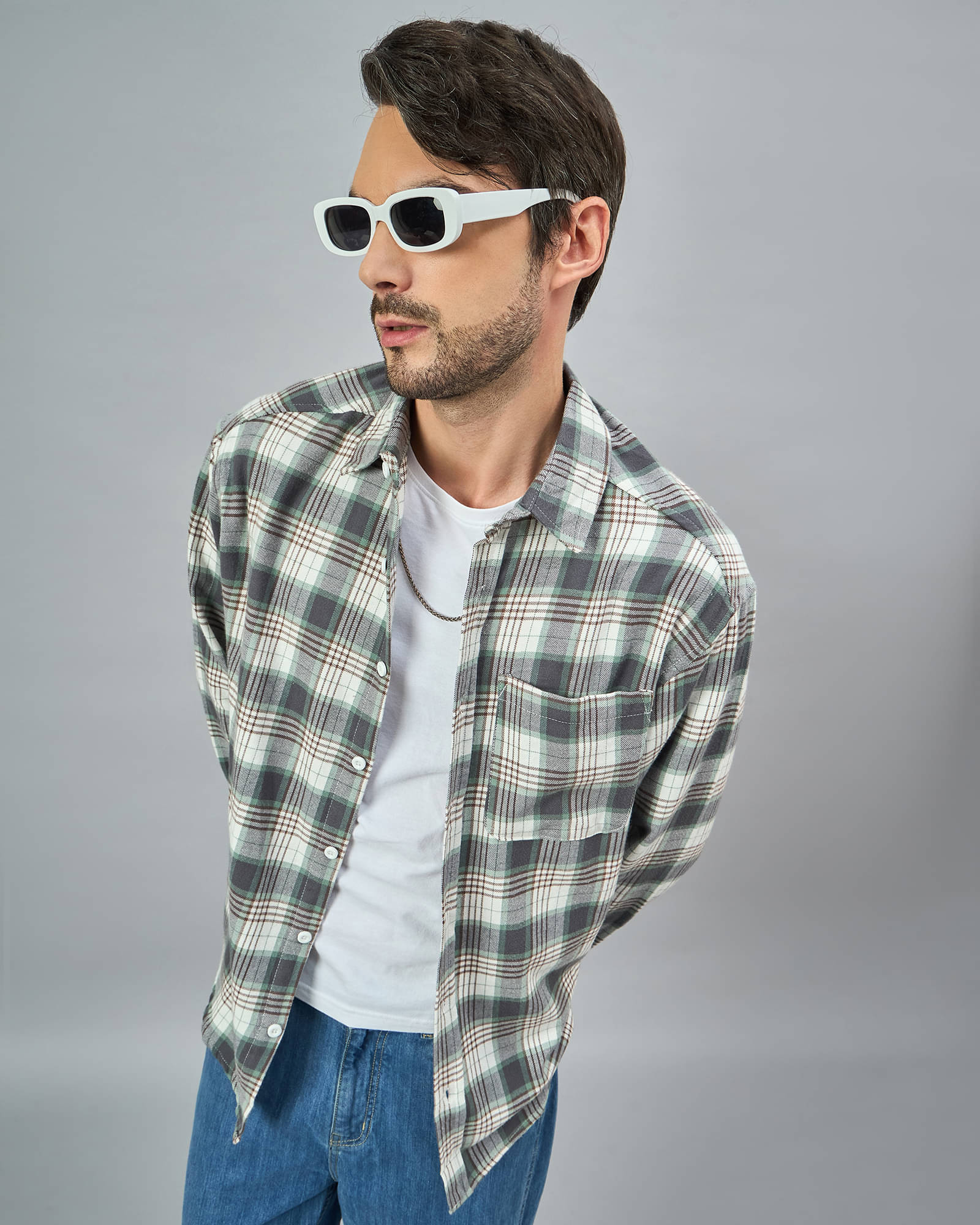     			Chimpaaanzee Poly Cotton Oversized Fit Checks Full Sleeves Men's Casual Shirt - Grey ( Pack of 1 )