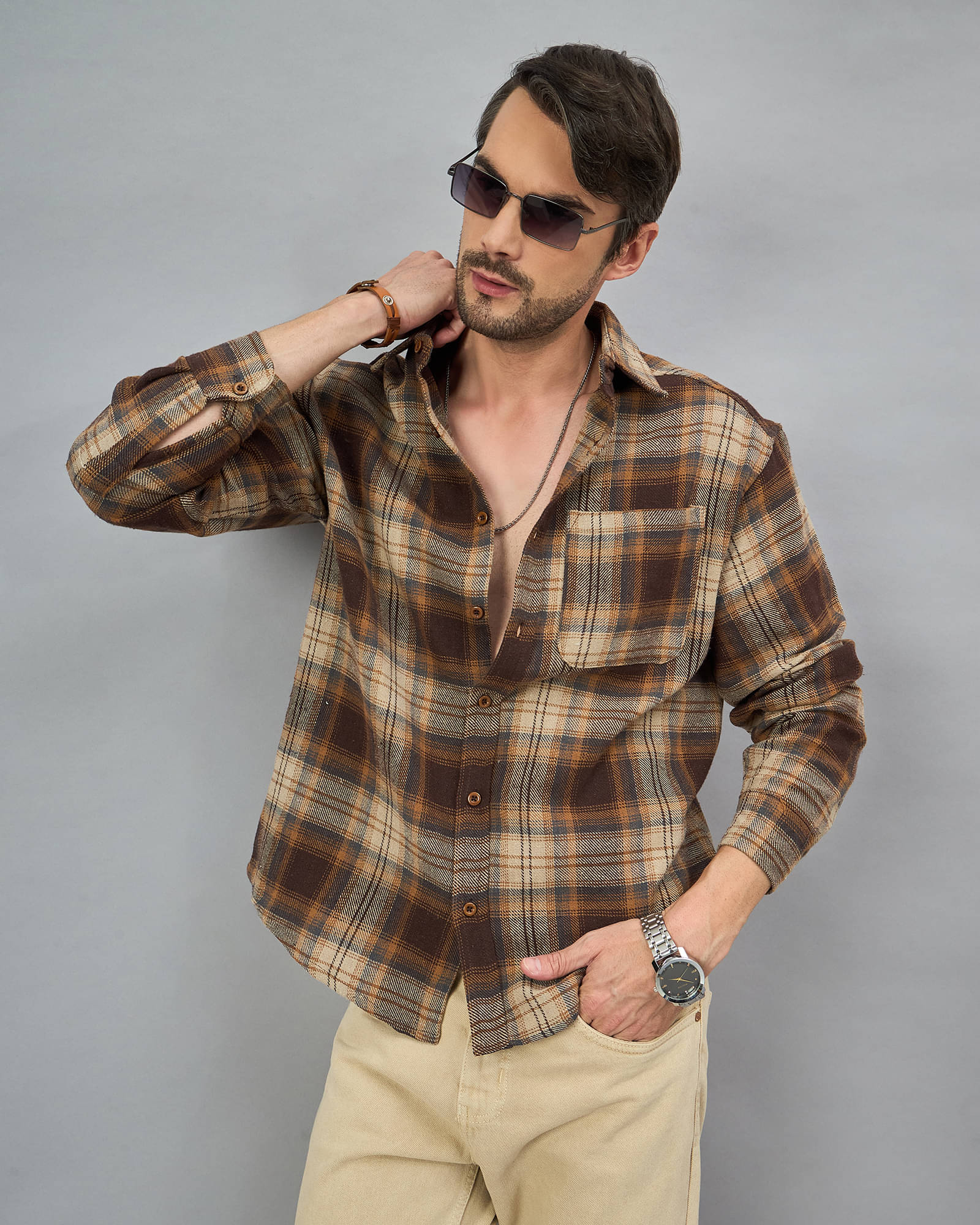     			Chimpaaanzee Poly Cotton Oversized Fit Checks Full Sleeves Men's Casual Shirt - Brown ( Pack of 1 )