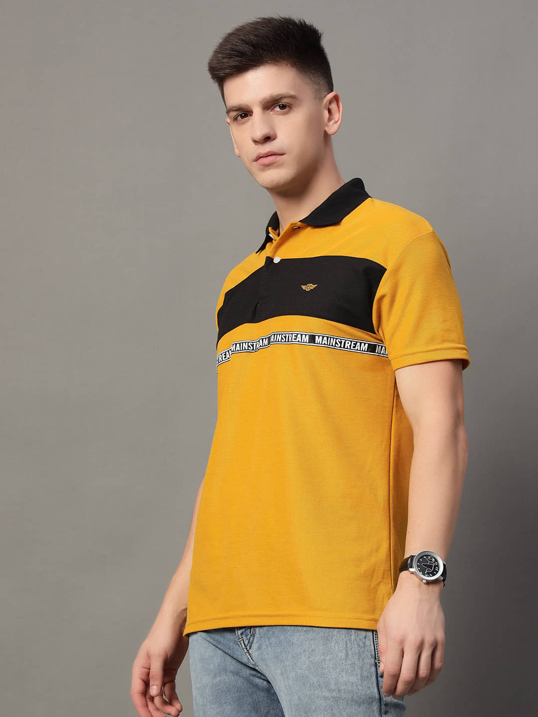 GET GOLF Pack of 1 Cotton Blend Regular Fit Colorblock Half Sleeves Men's Polo T Shirt ( Mustard )