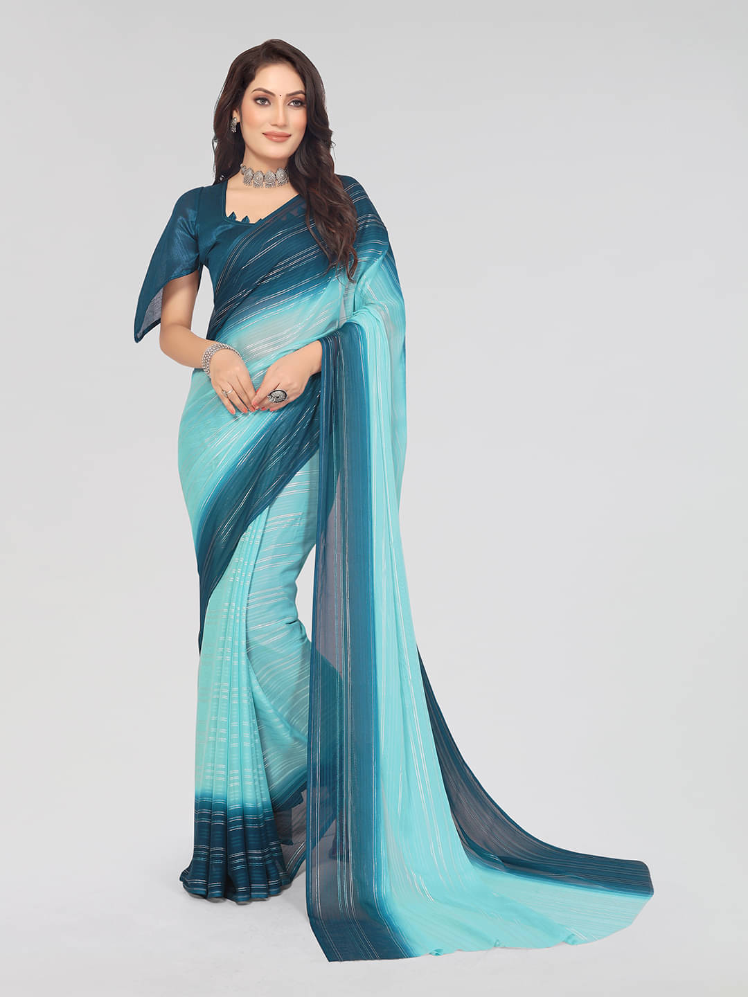 Kashvi Sarees Satin Dyed Saree With Unstitched Blouse Piece ( Teal ) Kashvi Sarees Satin Dyed Saree With Unstitched Blouse Piece ( Teal )