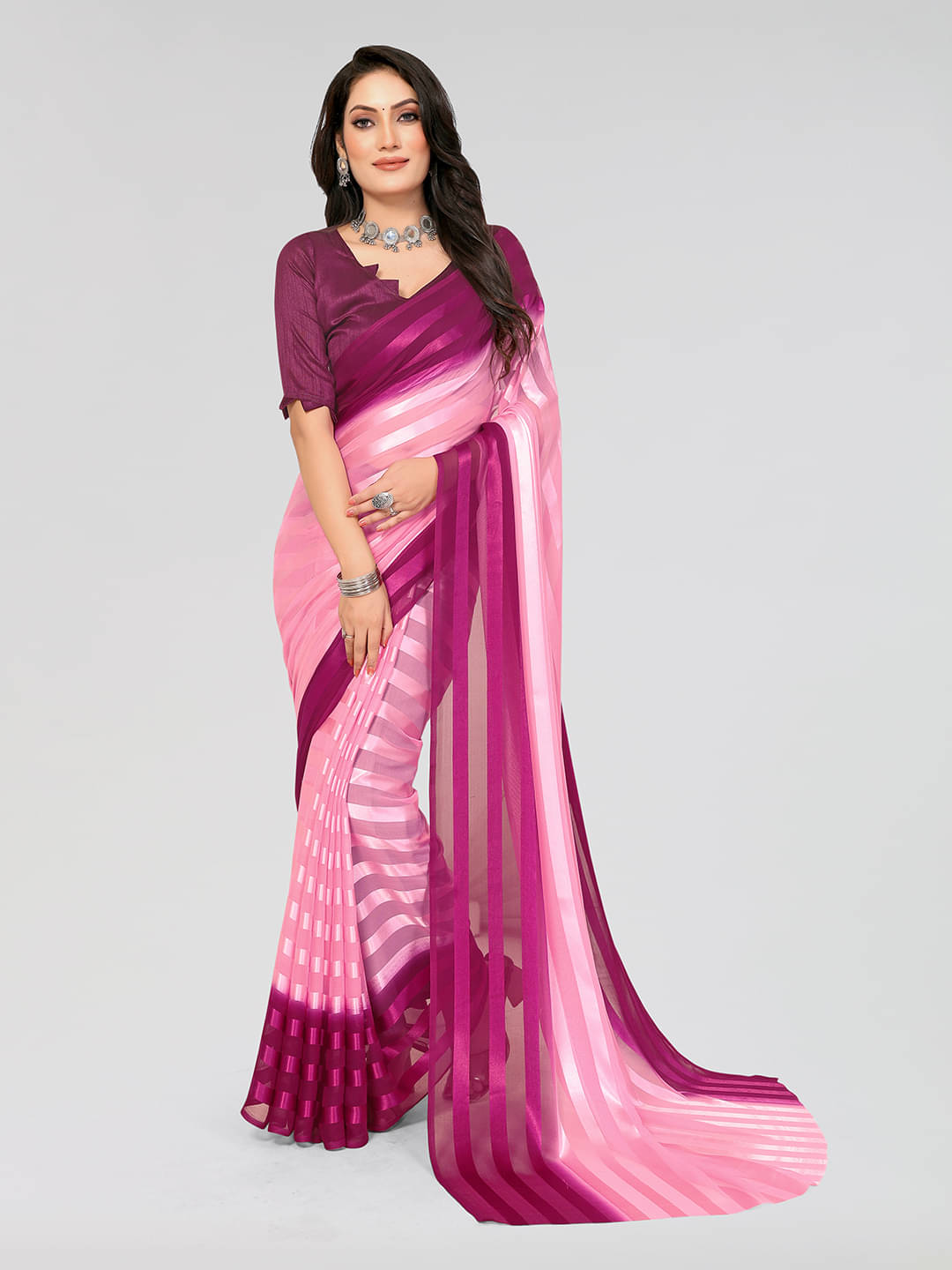 Kashvi Sarees Satin Striped Saree With Unstitched Blouse Piece ( Magenta )     			Kashvi Sarees Satin Striped Saree With Unstitched Blouse Piece ( Magenta )