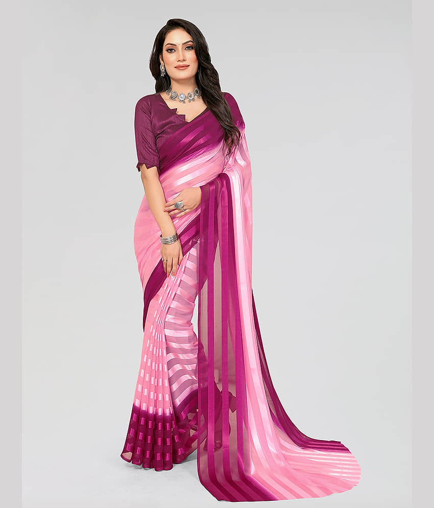 Kashvi Sarees Satin Striped Saree With Unstitched Blouse Piece ( Pink ) - Sarees | Buy online on ZillyBuy