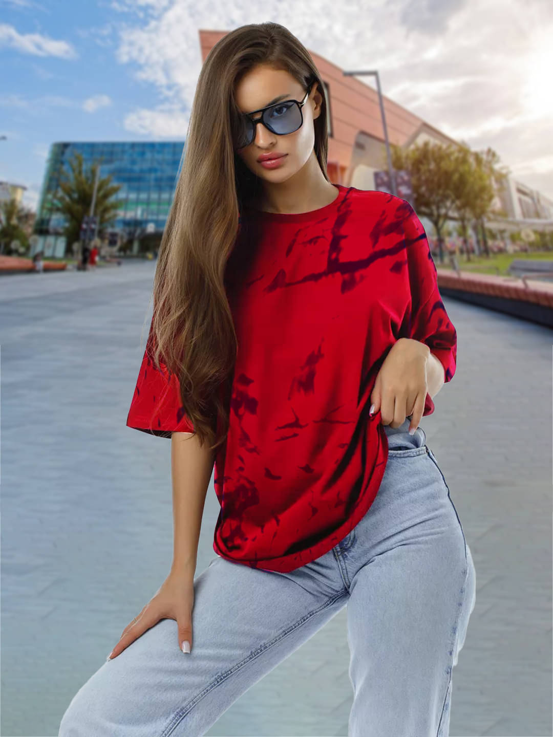 Leotude Women Cotton Blend Dyed Oversized Fit Round Neck T-Shirt ( Red )     			Leotude Women Cotton Blend Dyed Oversized Fit Round Neck T-Shirt ( Red )