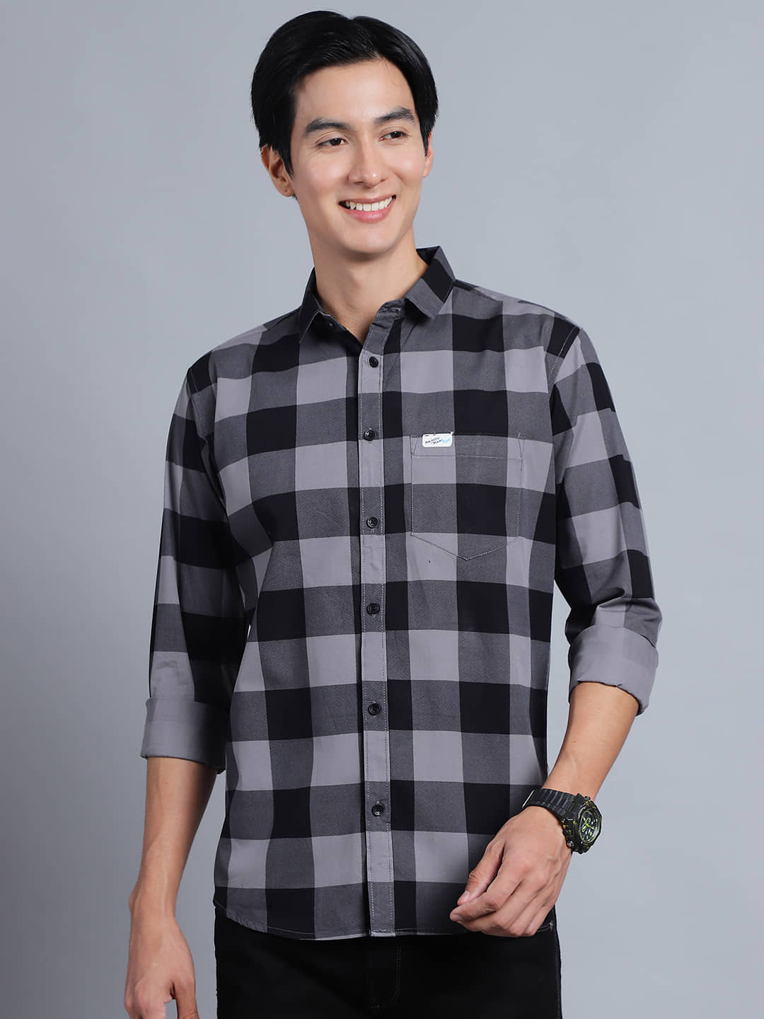MAJESTIC MAN 100% Cotton Slim Fit Checks Full Sleeves Men's Casual Shirt - Light Grey ( Pack of 1 )