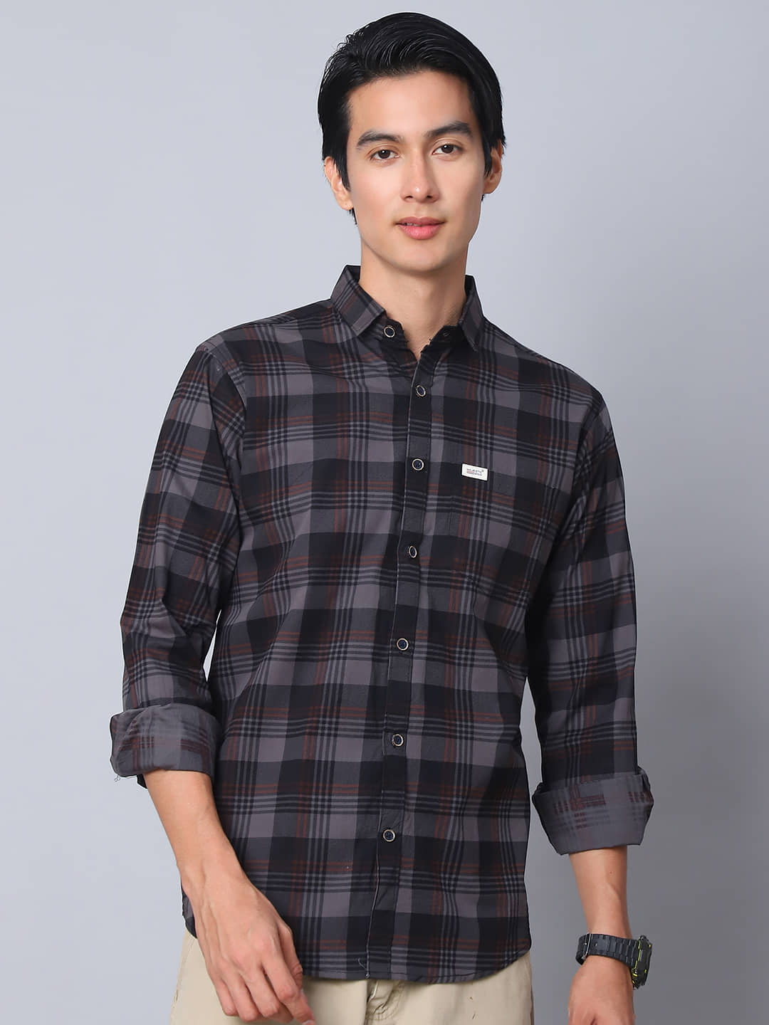 MAJESTIC MAN 100% Cotton Slim Fit Checks Full Sleeves Men's Casual Shirt - Dark Grey ( Pack of 1 )