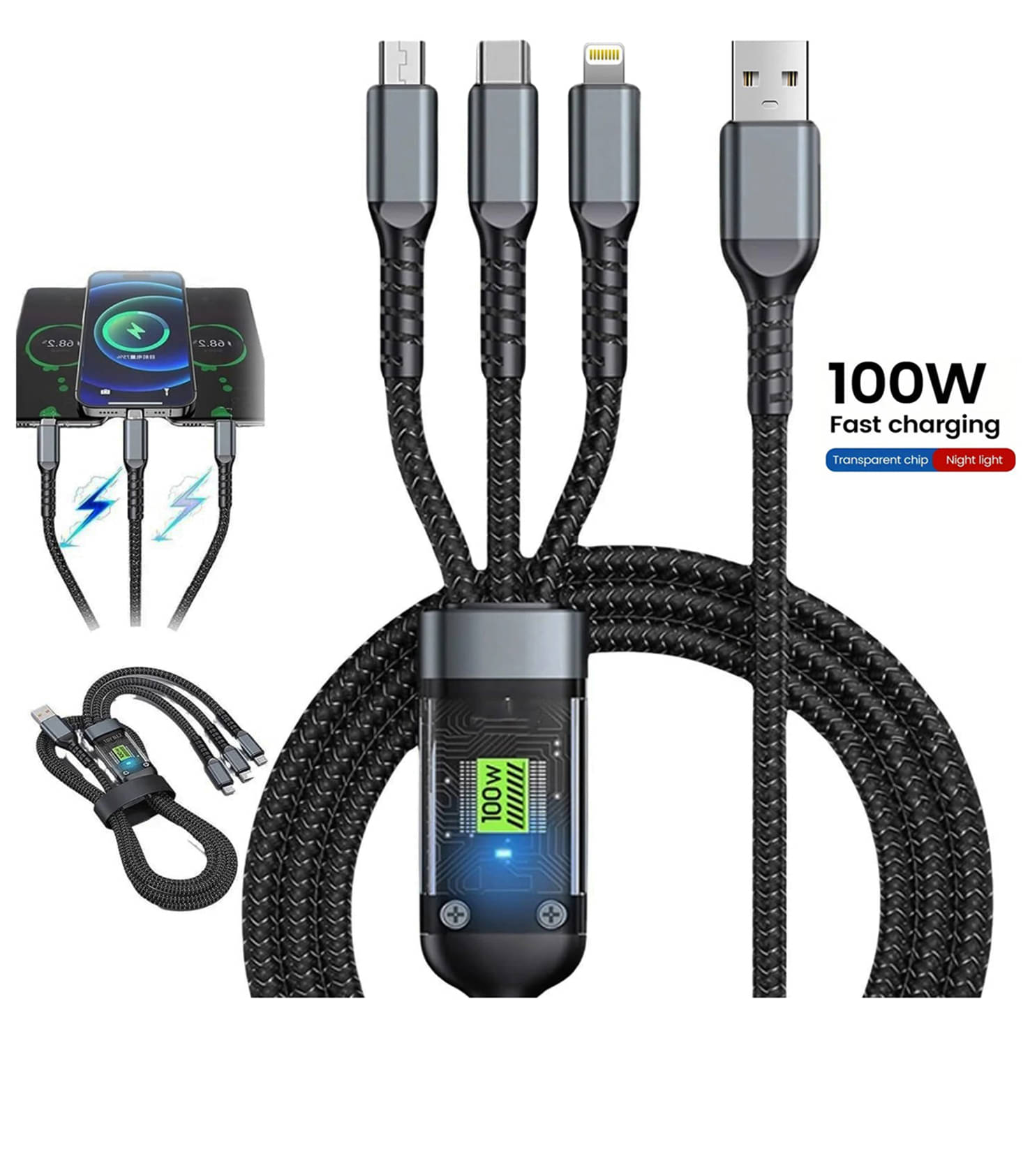Retailstore 1m Data Cables 3-in1 100W Fast Charging Cable - Black Retailstore 1m Data Cables 3-in1 100W Fast Charging Cable - Black