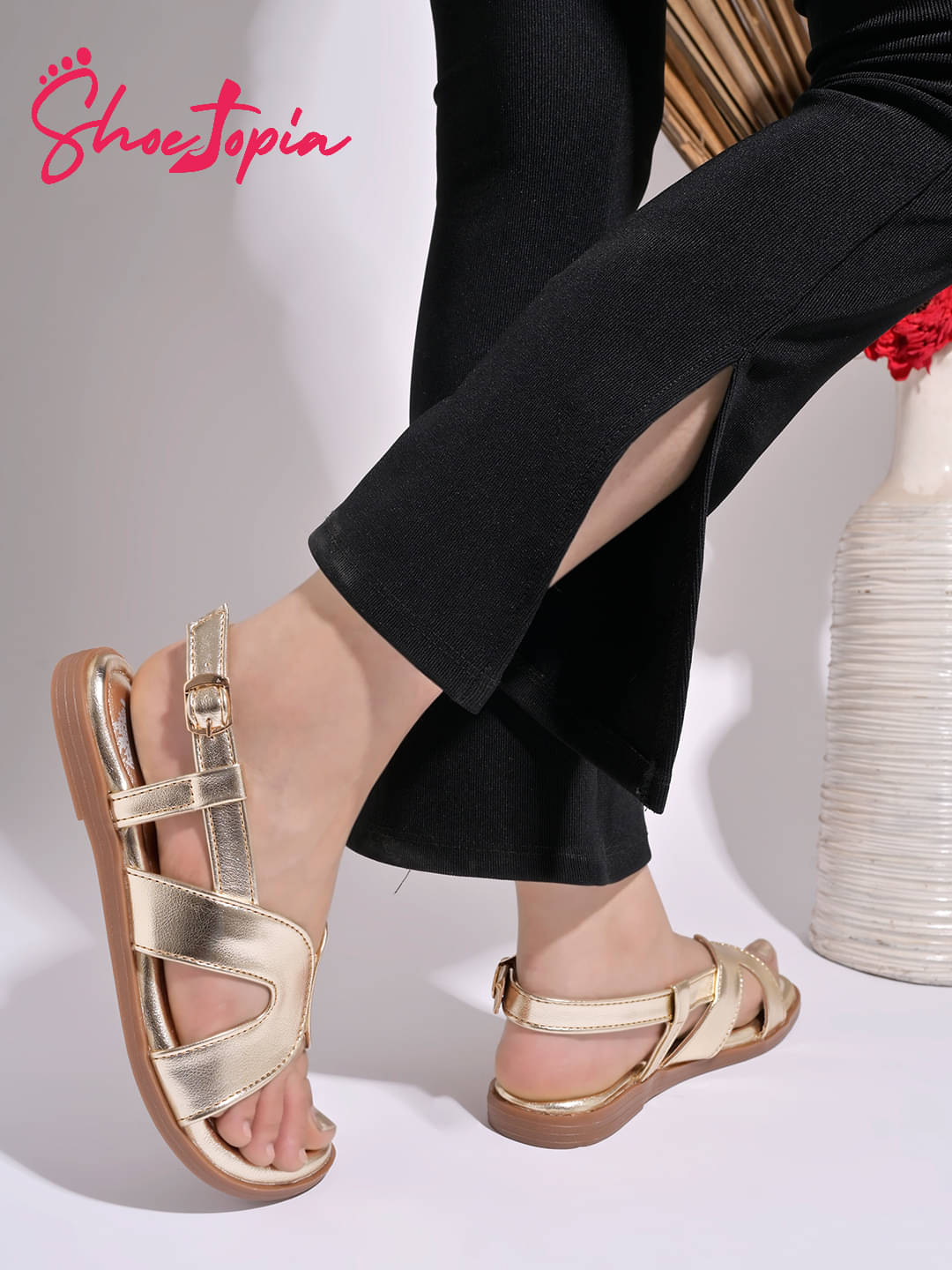 Shoetopia Classy Cross Strap Golden Flat Sandals For Girls Shoetopia Classy Cross Strap Golden Flat Sandals For Girls