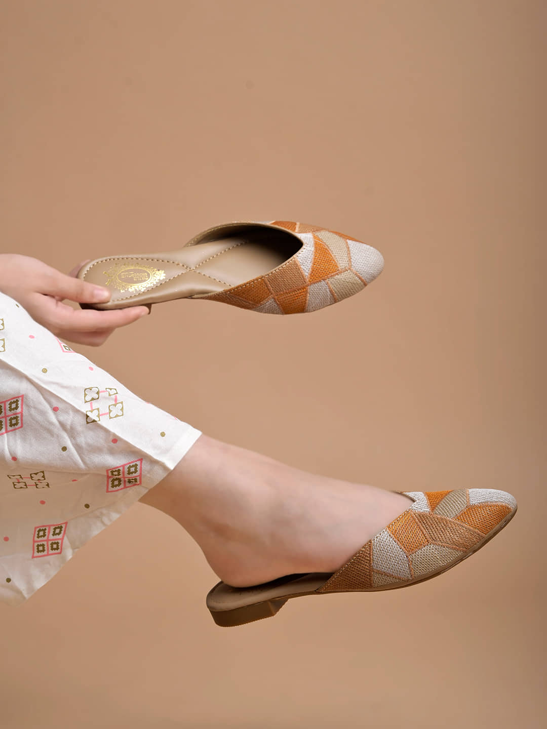 Shoetopia Ethnic Orange Flat Mules For Girls