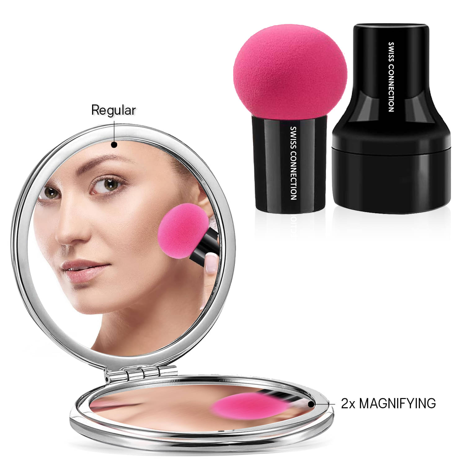     			Swiss Connection Dual Sided Round Compact Mirror 2x Pack of 2
