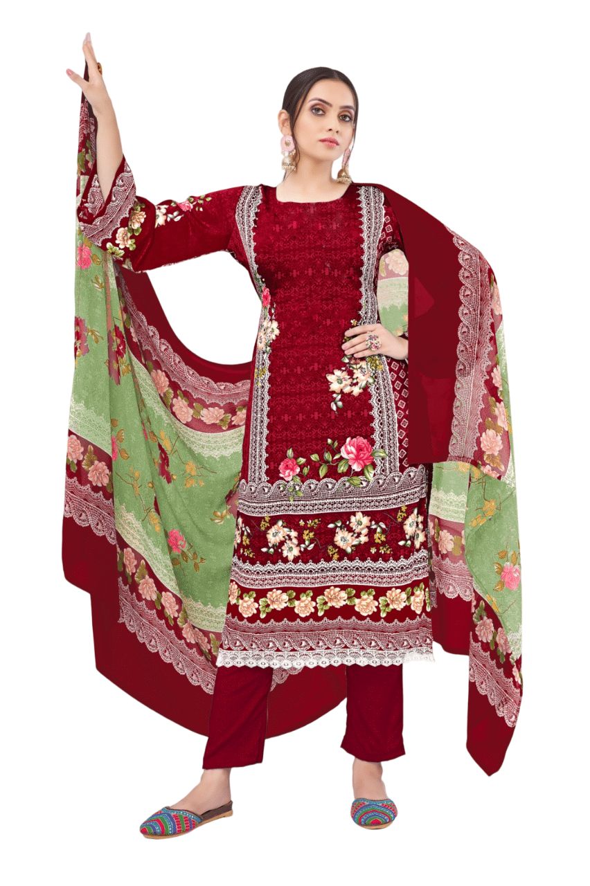 Tendisha Unstitched Crepe Printed Dress Material - Red ( Pack of 1 ) - Unstitched Fabrics | Buy online on ZillyBuy