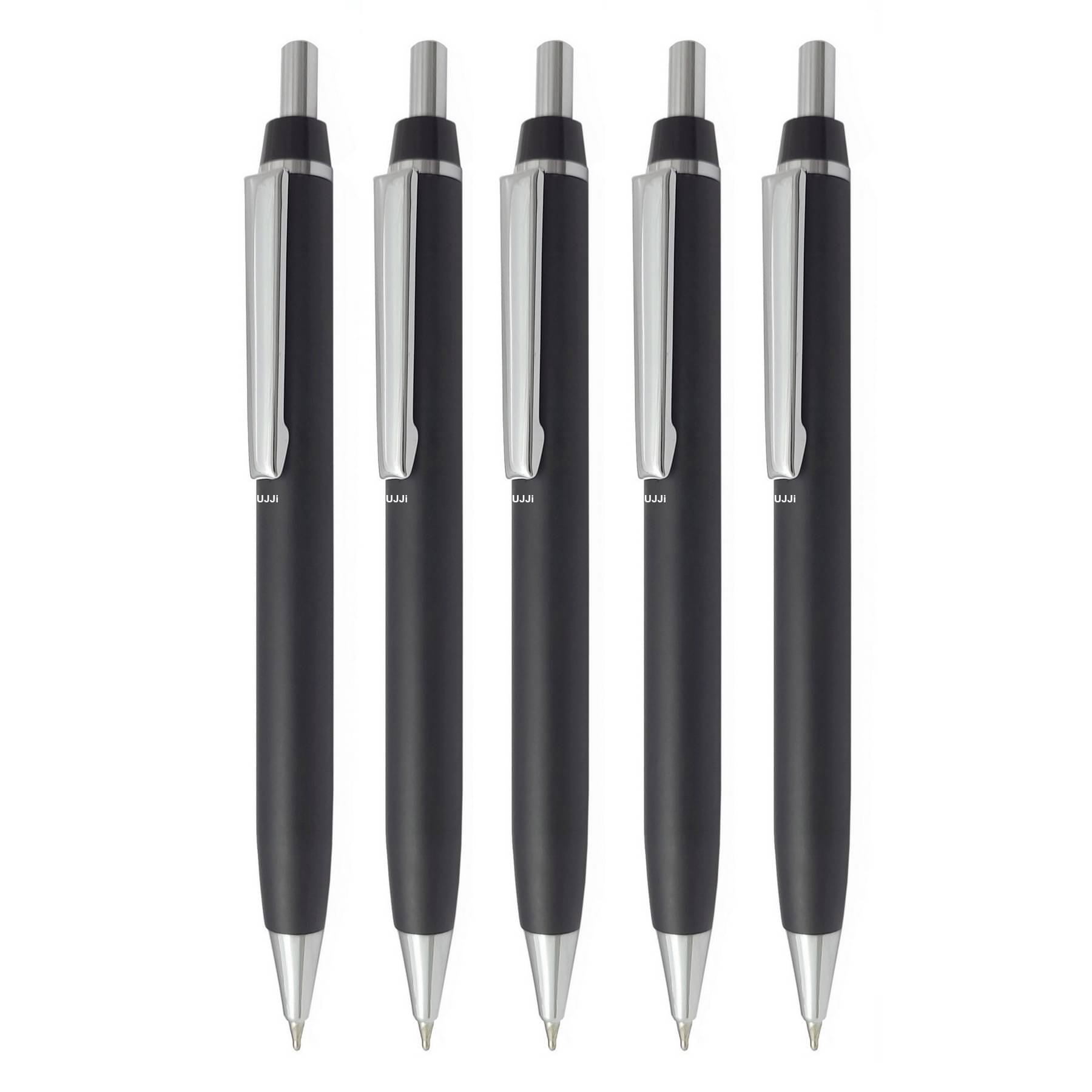 UJJi Black Color Click on and Off Matte Finish Body Pack of 5 Retractable (Blue Ink) Metal Ball Pen UJJi Black Color Click on and Off Matte Finish Body Pack of 5 Retractable (Blue Ink) Metal Ball Pen