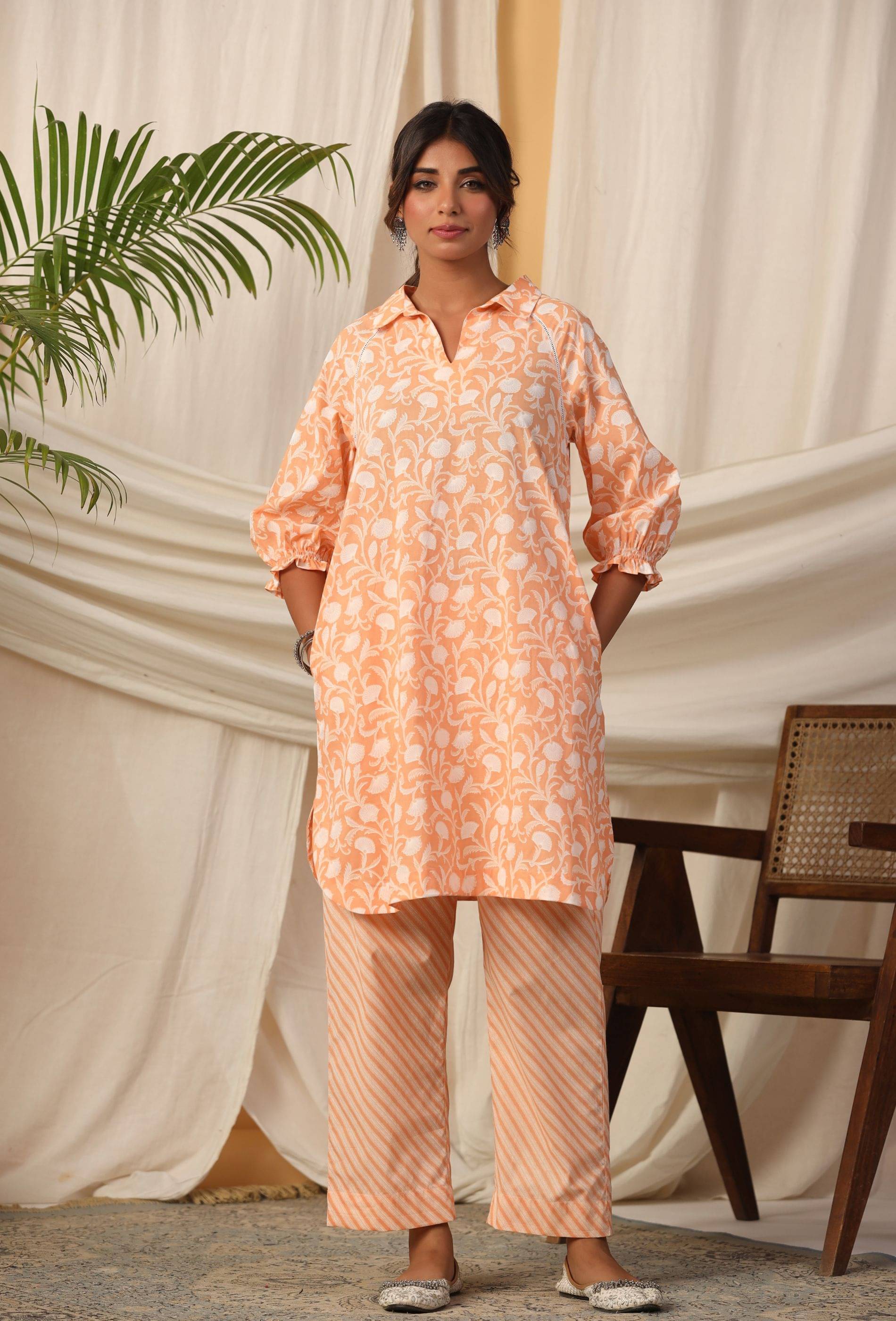     			Vyom Tara Cotton Printed Kurti With Pants Women's Stitched Salwar Suit - Orange ( Pack of 2 )