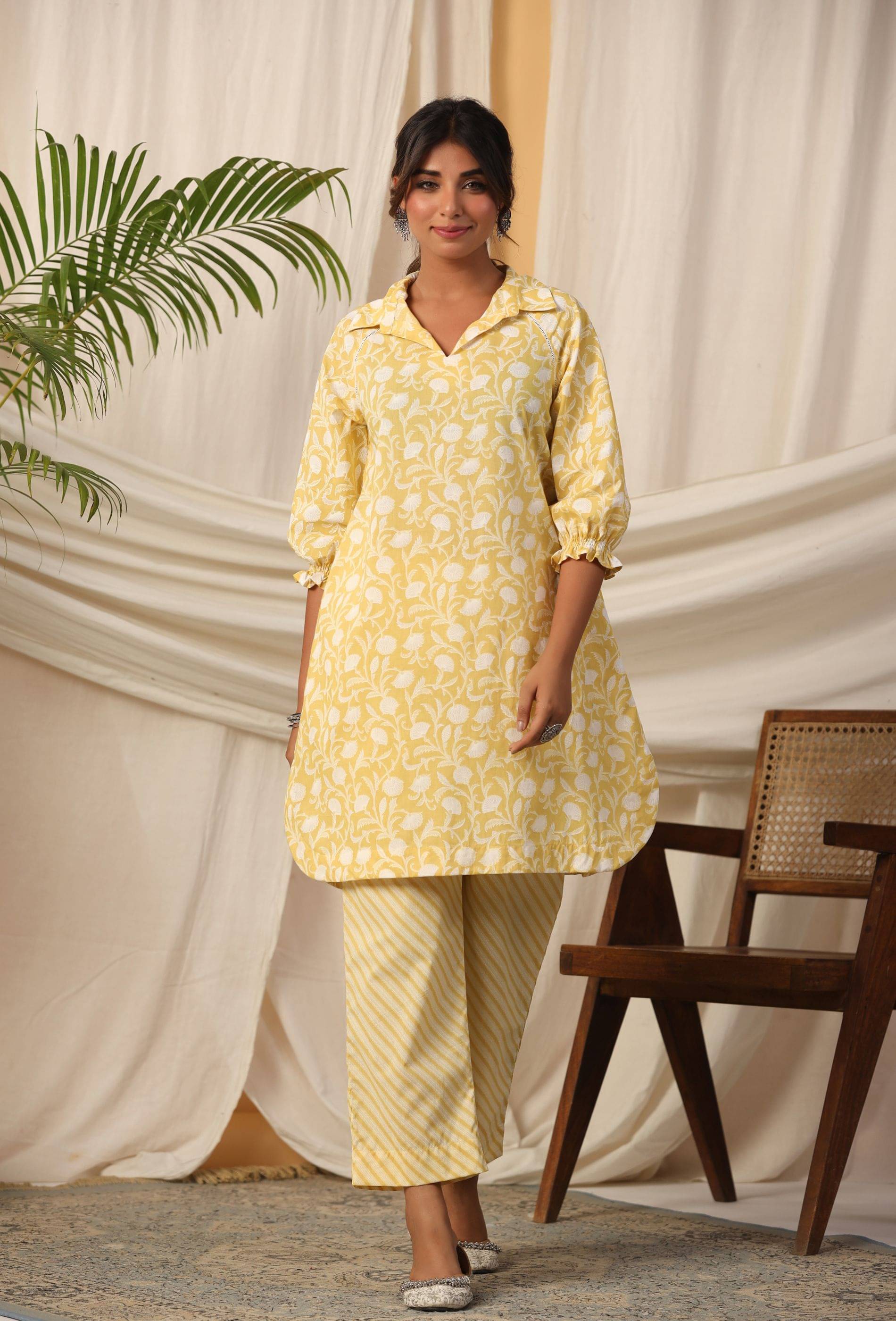 Vyom Tara Cotton Printed Kurti With Pants Women's Stitched Salwar Suit - Yellow ( Pack of 2 ) Vyom Tara Cotton Printed Kurti With Pants Women's Stitched Salwar Suit - Yellow ( Pack of 2 )
