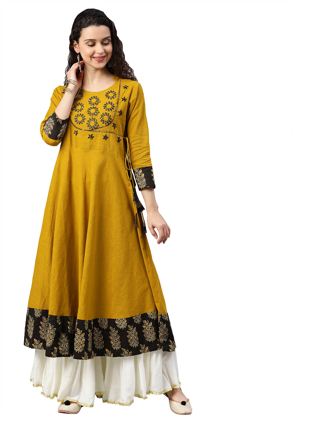     			Yash Gallery Cotton Embroidered Anarkali Women's Kurti - Mustard ( Pack of 1 )