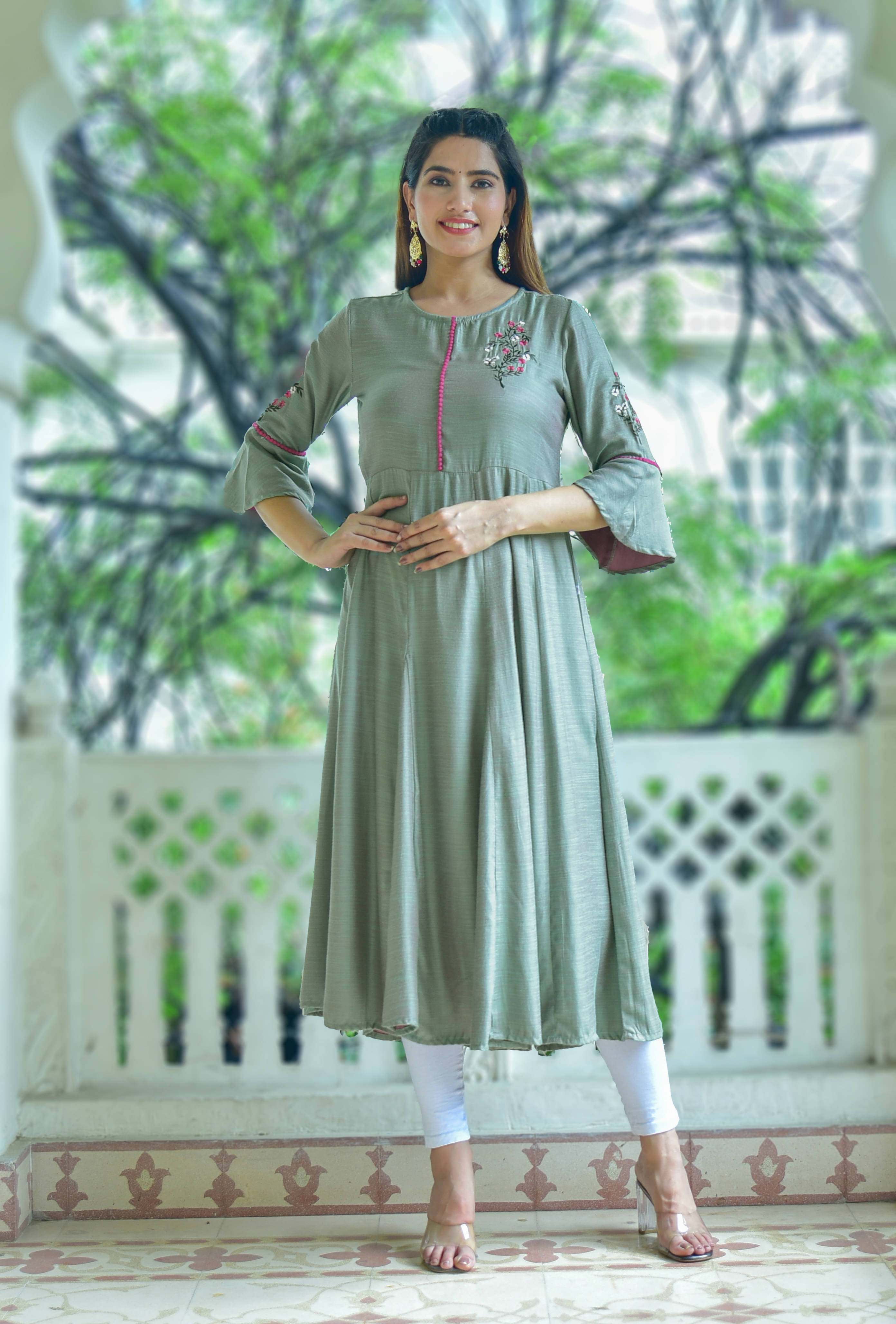 Yash Gallery Polyester Embroidered Anarkali Women's Kurti - Green ( Pack of 1 ) Yash Gallery Polyester Embroidered Anarkali Women's Kurti - Green ( Pack of 1 )