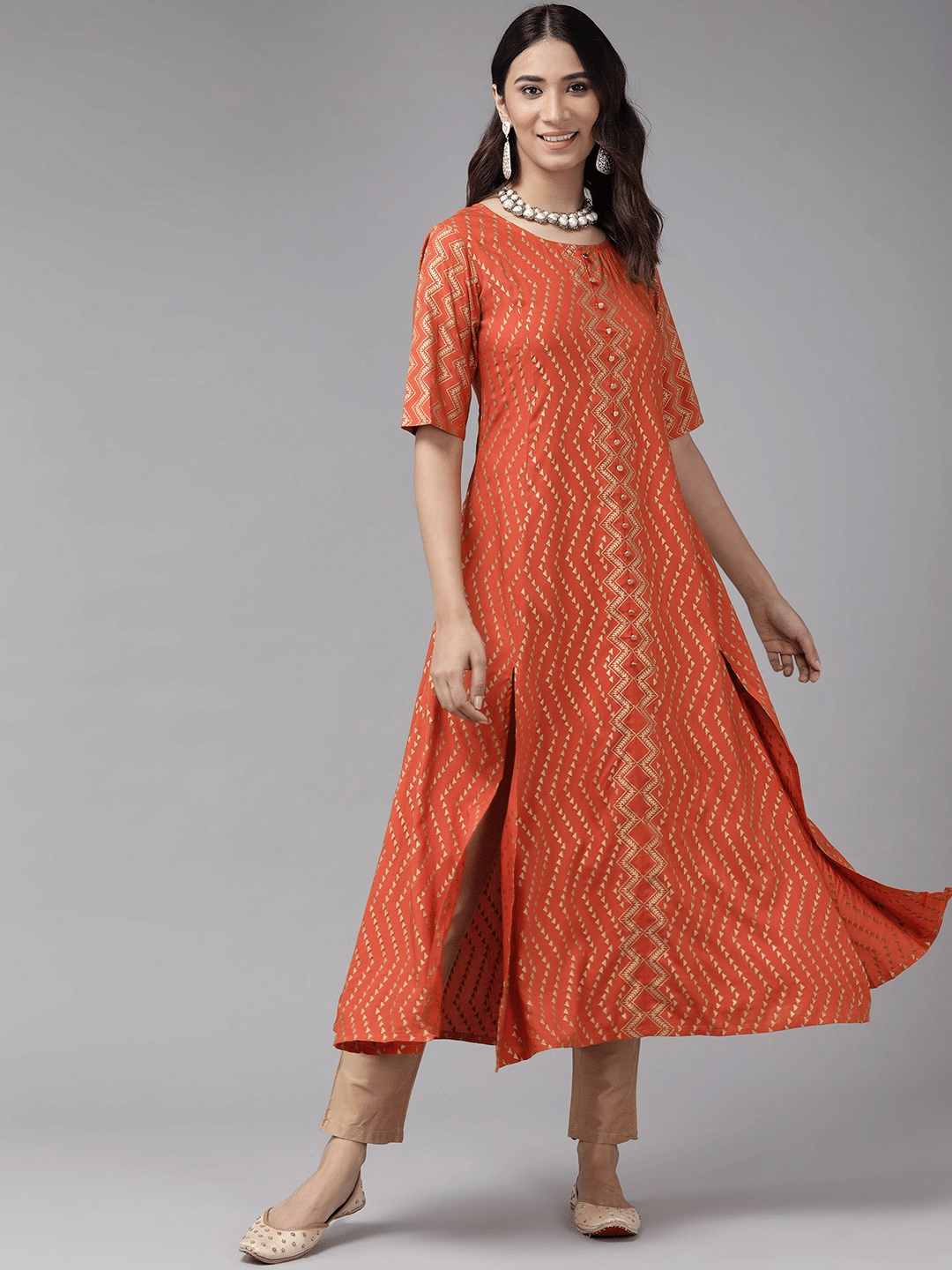 Yash Gallery Rayon Printed Anarkali Women's Kurti - Orange ( Pack of 1 )     			Yash Gallery Rayon Printed Anarkali Women's Kurti - Orange ( Pack of 1 )