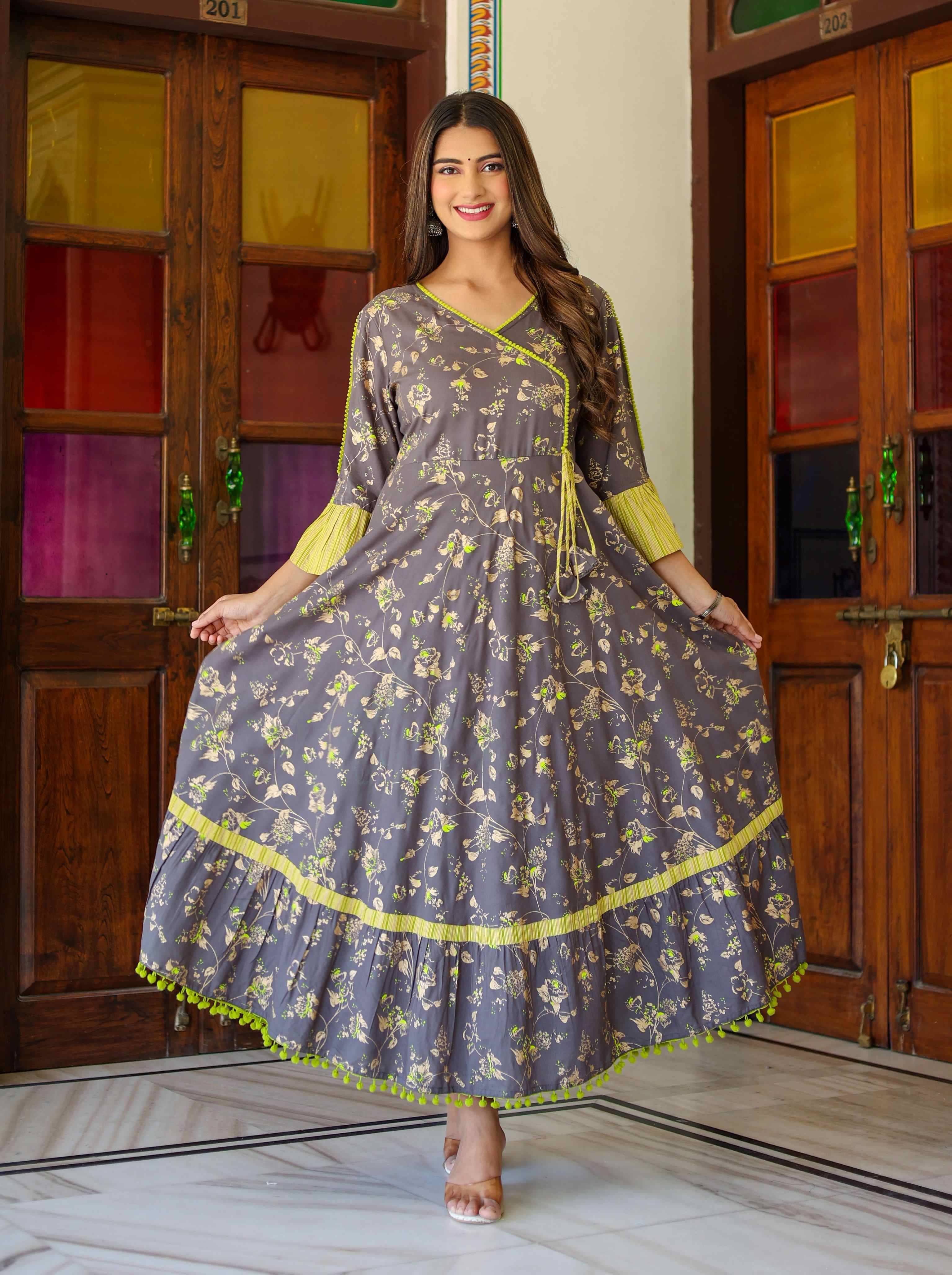 Yash Gallery Rayon Printed Angrakha Women's Kurti - Grey ( Pack of 1 ) - Kurtis, Tunics | Buy online on ZillyBuy