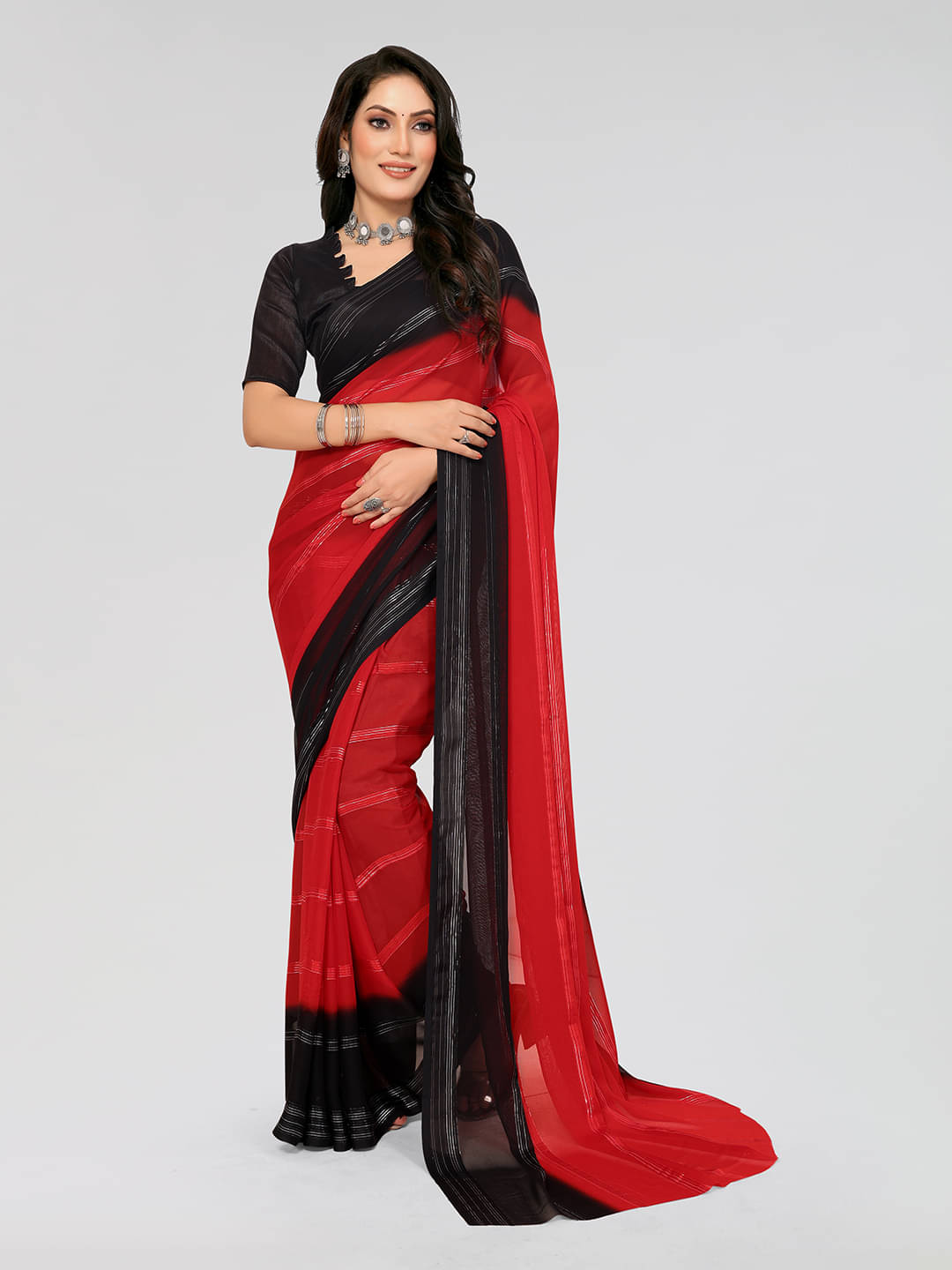 ANAND SAREES Satin Printed Saree With Unstitched Blouse Piece ( Red ) ANAND SAREES Satin Printed Saree With Unstitched Blouse Piece ( Red )