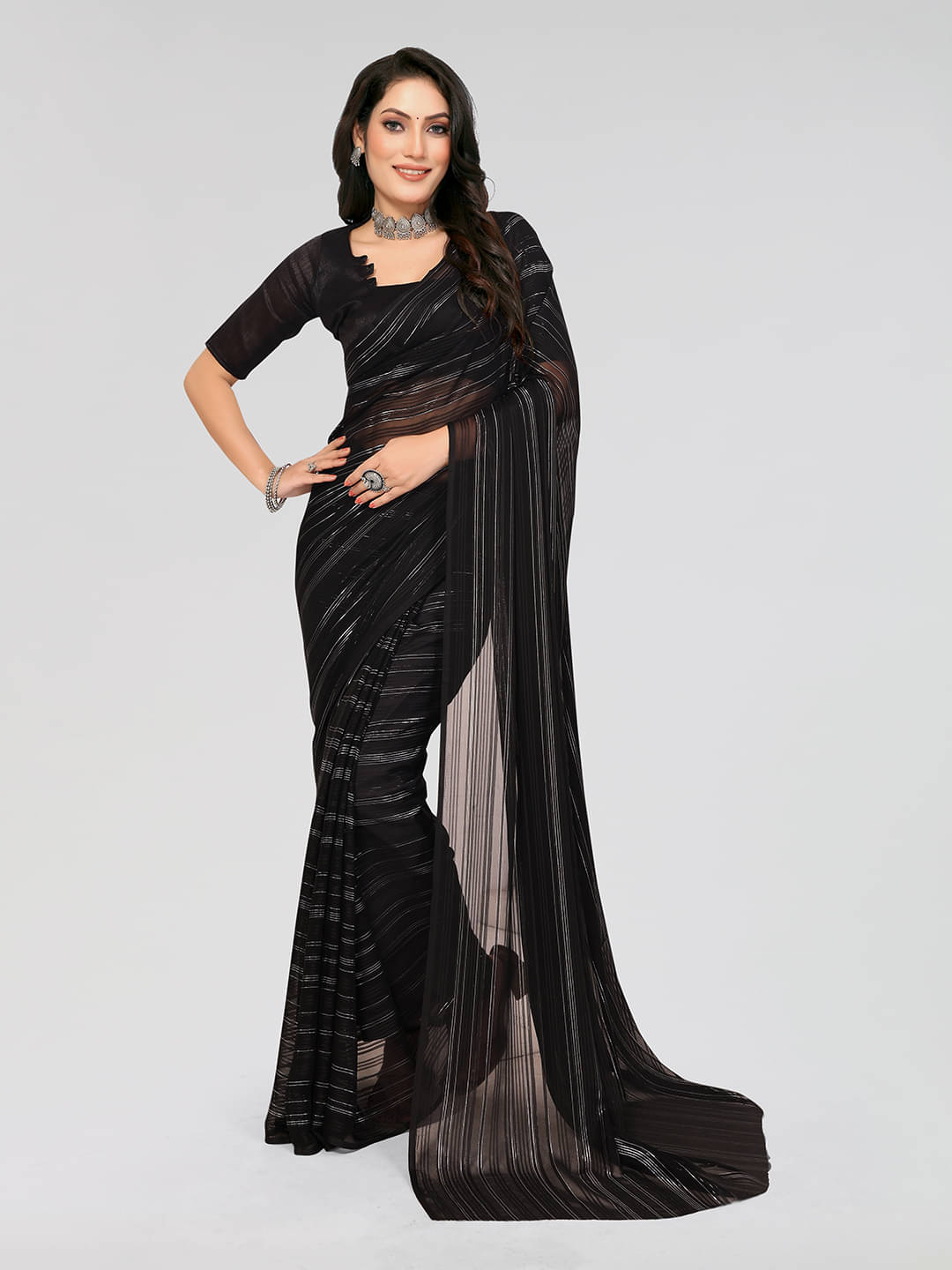 ANAND SAREES Satin Printed Saree With Unstitched Blouse Piece ( Black ) ANAND SAREES Satin Printed Saree With Unstitched Blouse Piece ( Black )
