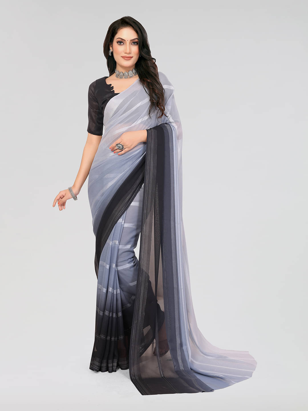 ANAND SAREES Satin Printed Saree With Unstitched Blouse Piece ( Grey ) ANAND SAREES Satin Printed Saree With Unstitched Blouse Piece ( Grey )