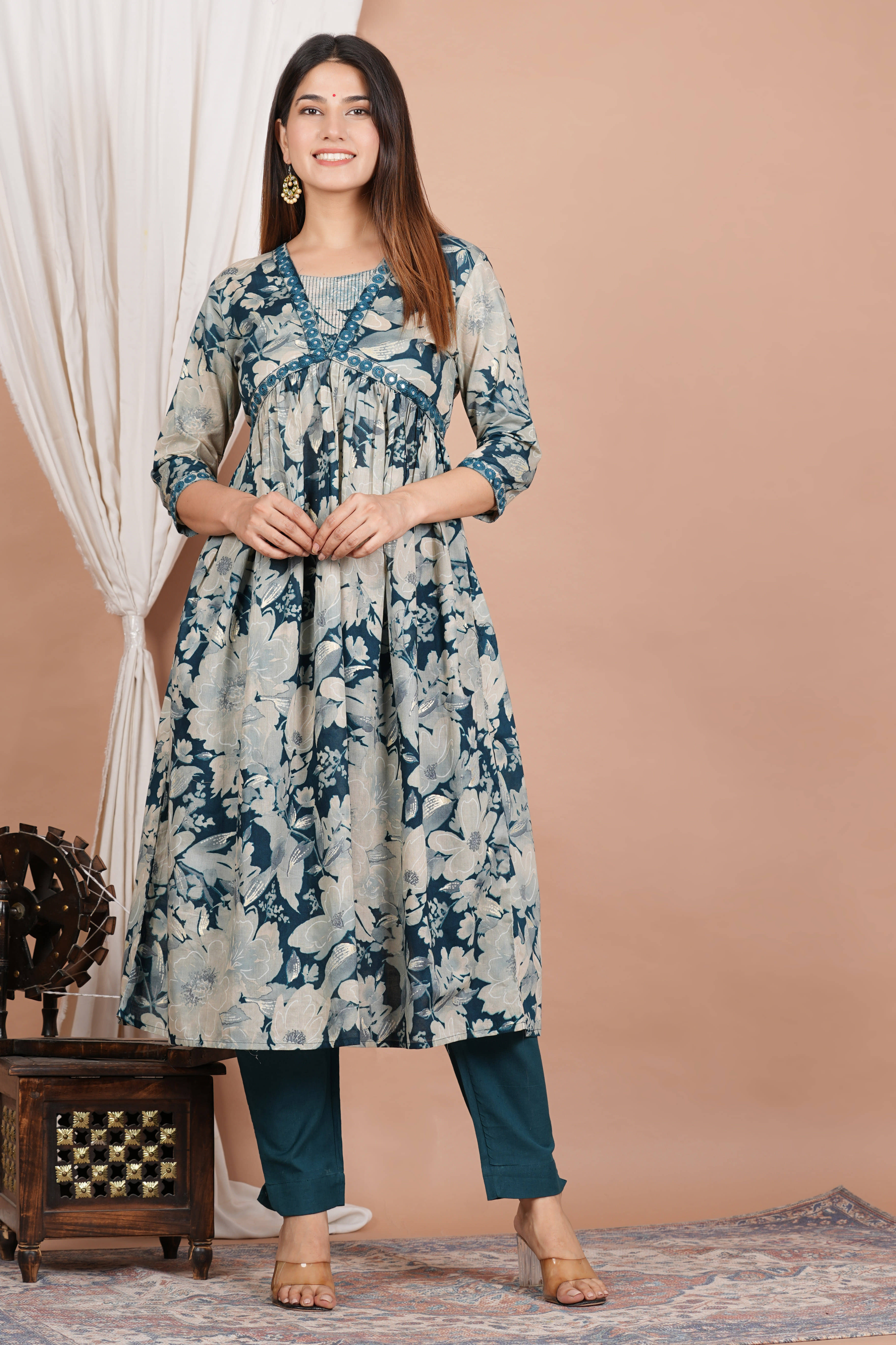 Akiko Chiffon Printed Kurti With Pants Women's Stitched Salwar Suit - Blue ( Pack of 1 )