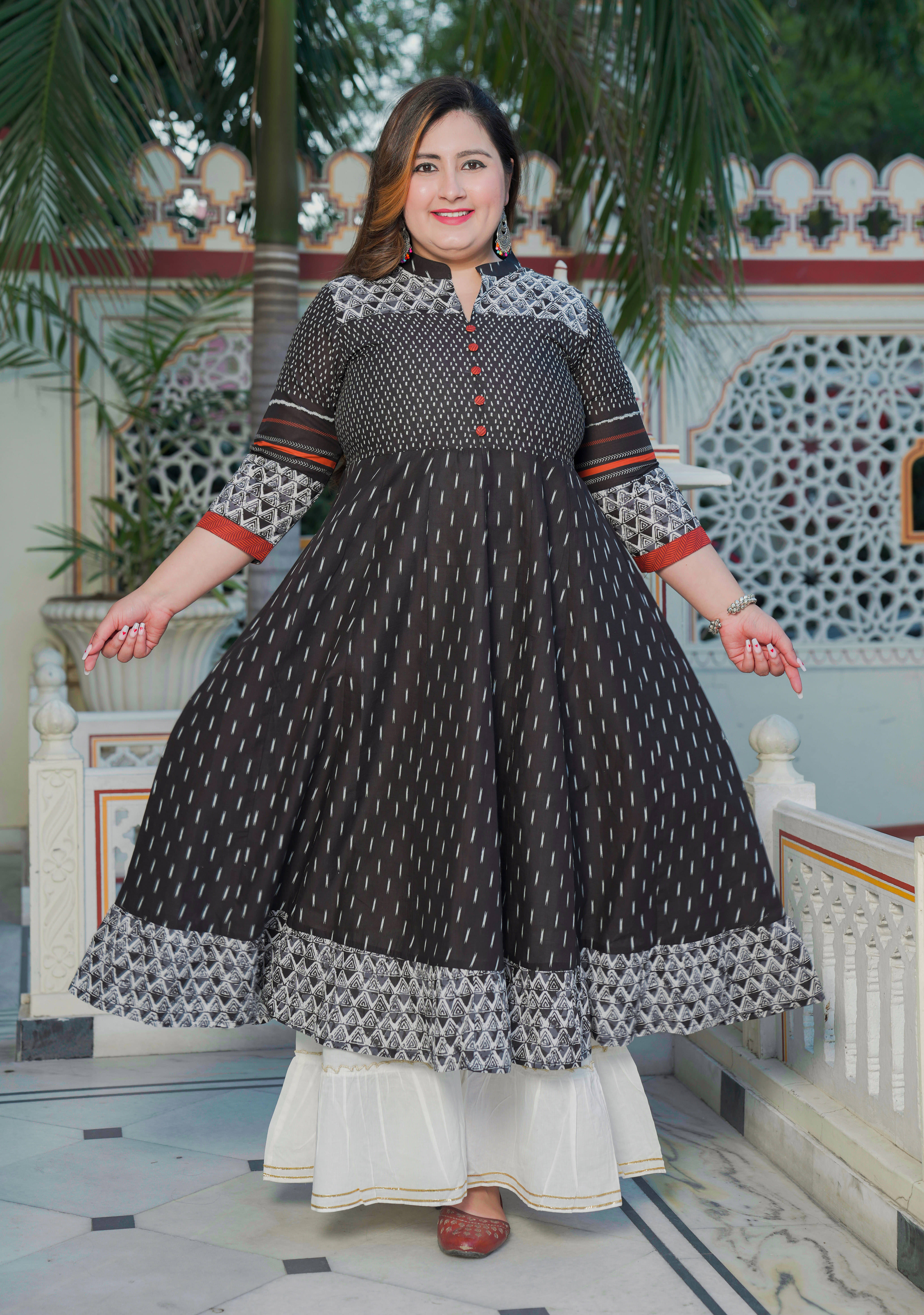     			Akiko Women Cotton Printed Fit & Flare Dress ( Black )