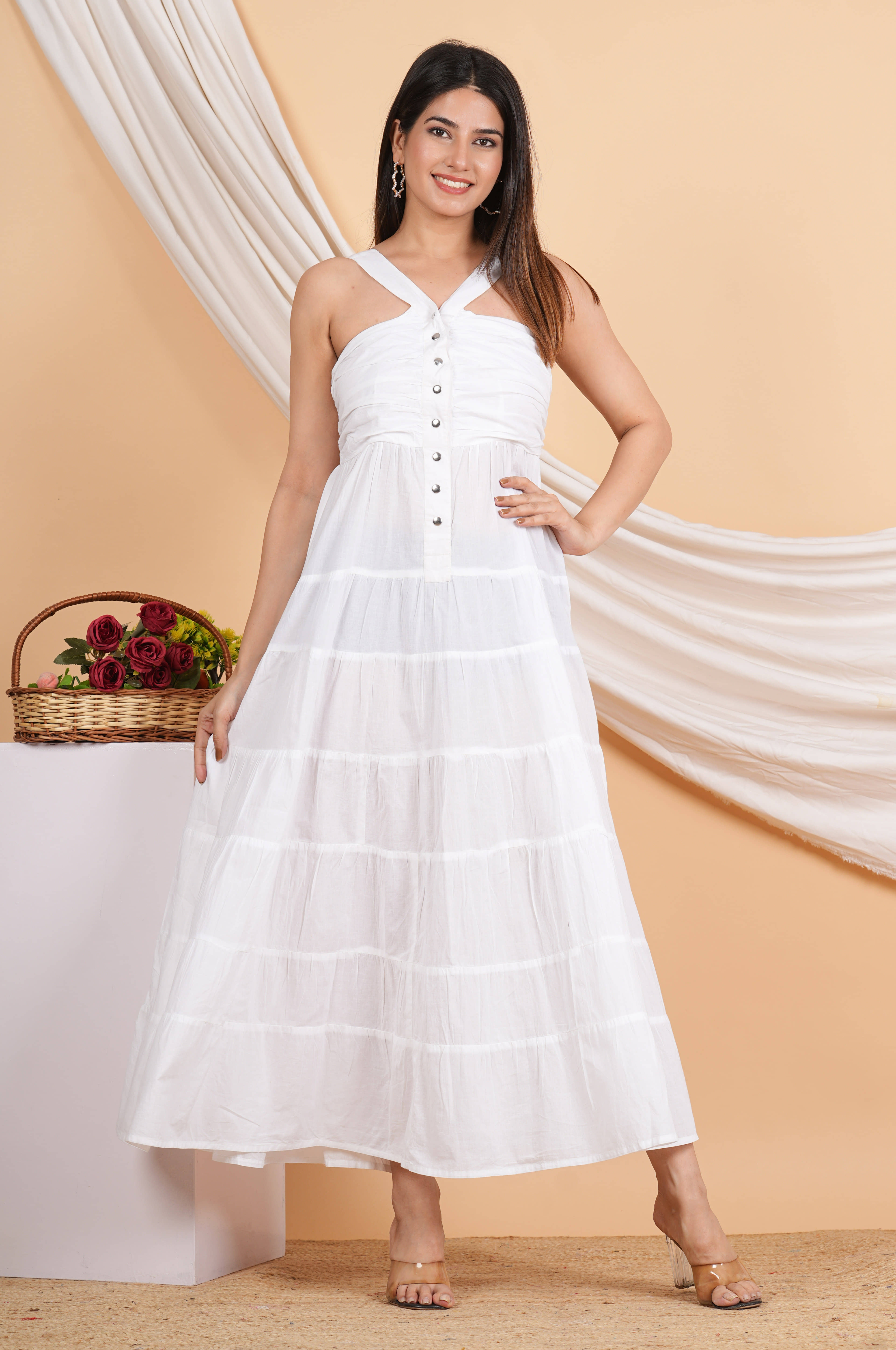 Akiko Women Cotton Solid Fit & Flare Dress ( White )